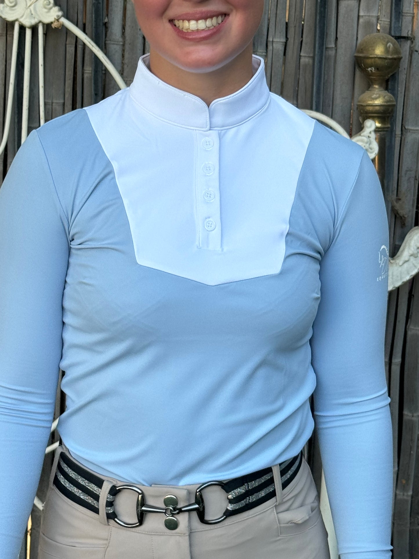 Baby Blue white Equestrian long sleeve hunter show shirt logo on sleeve