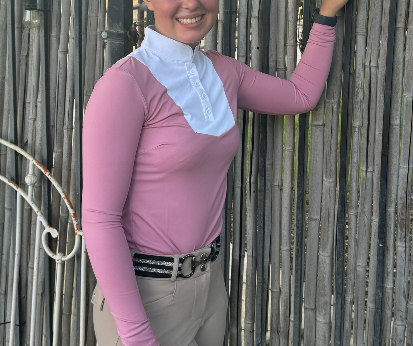 Pink and white equestrian two tone long sleeve show shirt