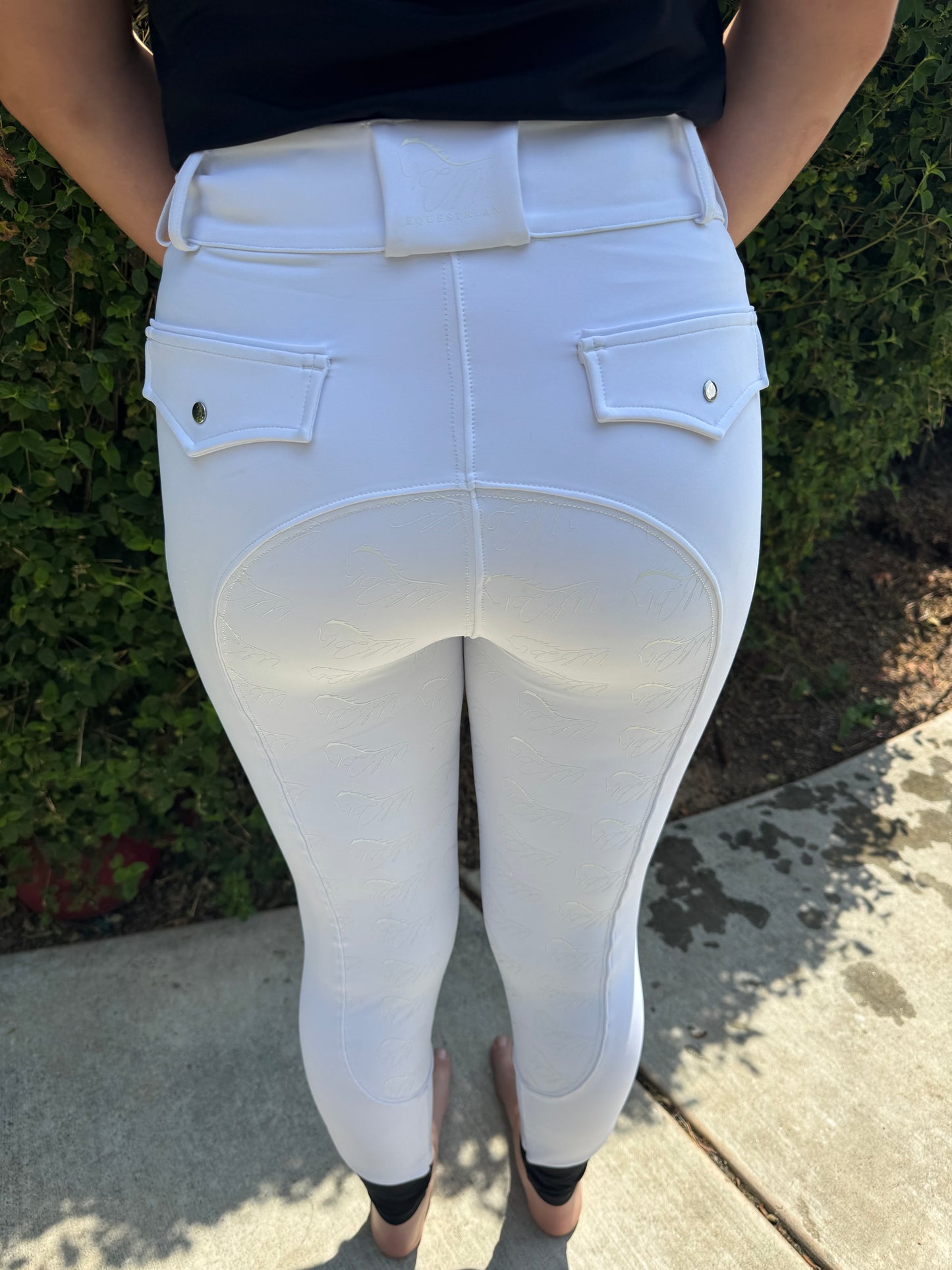 White Cm Equestrian Button Breeches CM logo on full bottomed