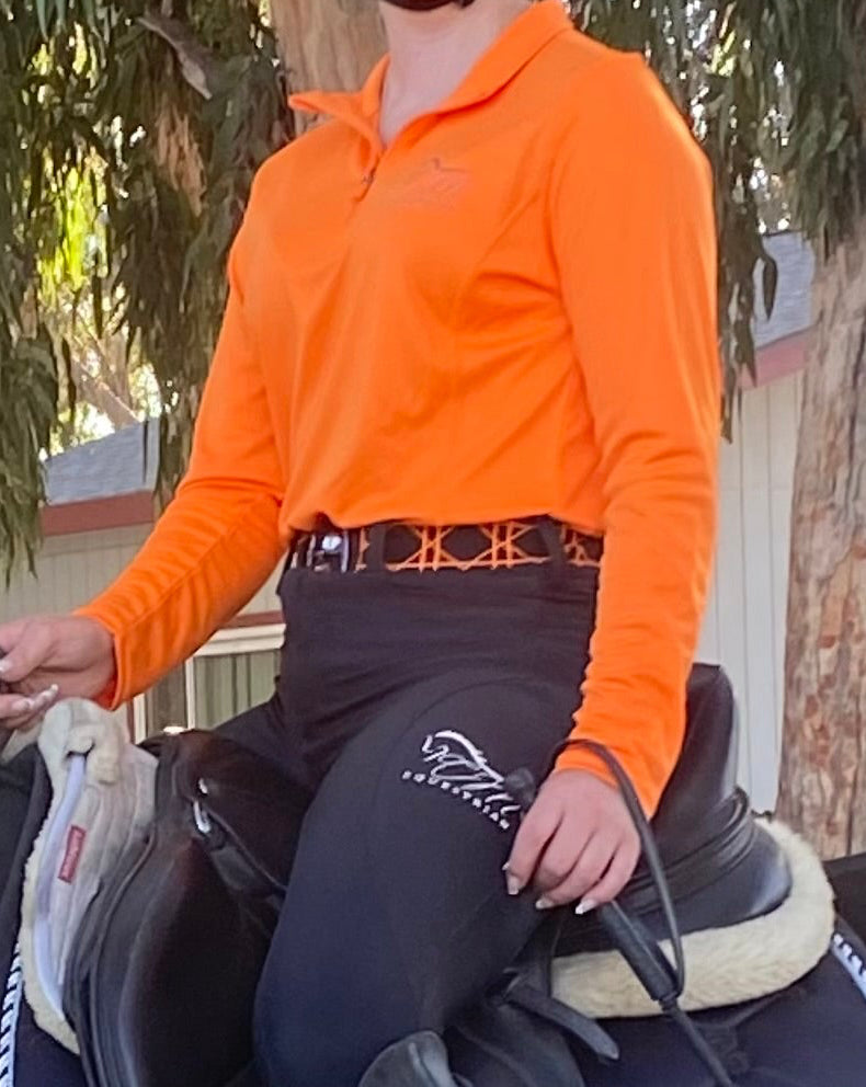 Snaffle Bit Riding Belt 1.5” Orange Adjustable with gun metal bit and black rhinestone crystals