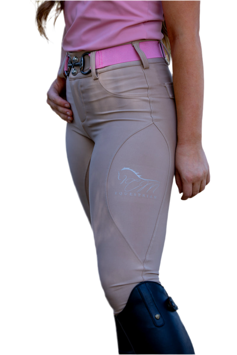 Tan Button up CM logo on pocket Breeches Women's Full Seat Riding Active Silicon Grip Horse Riding Equestrian Breeches