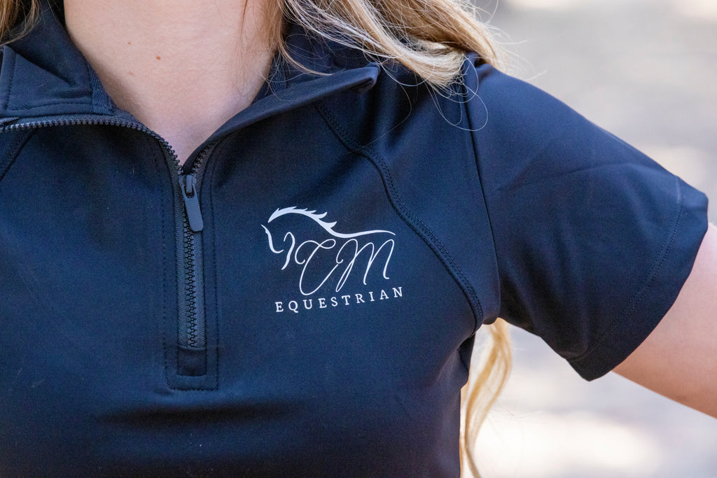 Equestrian, short sleeve solid color zip up shirt CM Equestrian logo