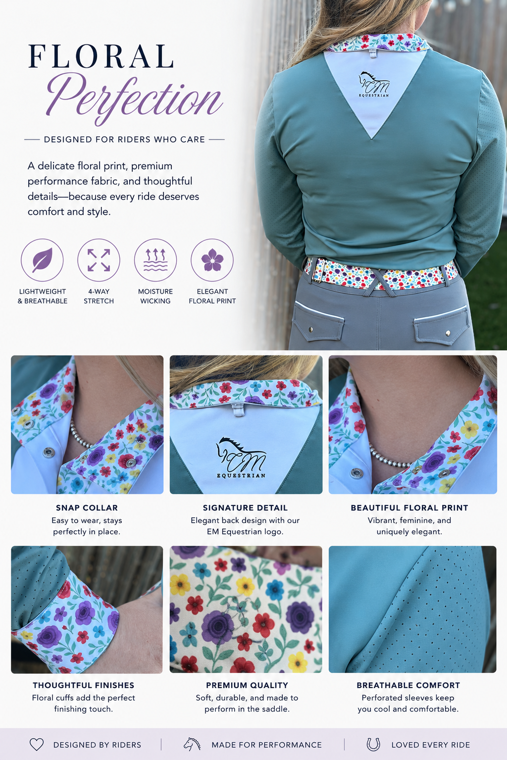 Golf outfit with floral details and text highlighting features, designed for riders.