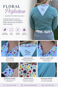 Golf outfit with floral details and text highlighting features, designed for riders.
