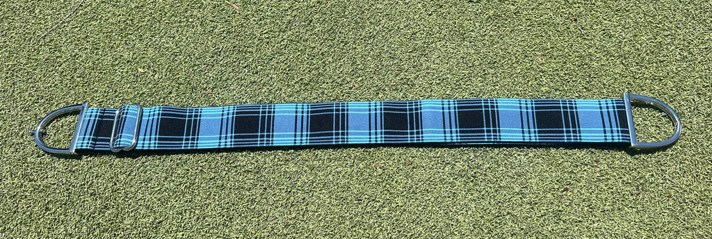 Stirrup belt buckle with Blue Plaid