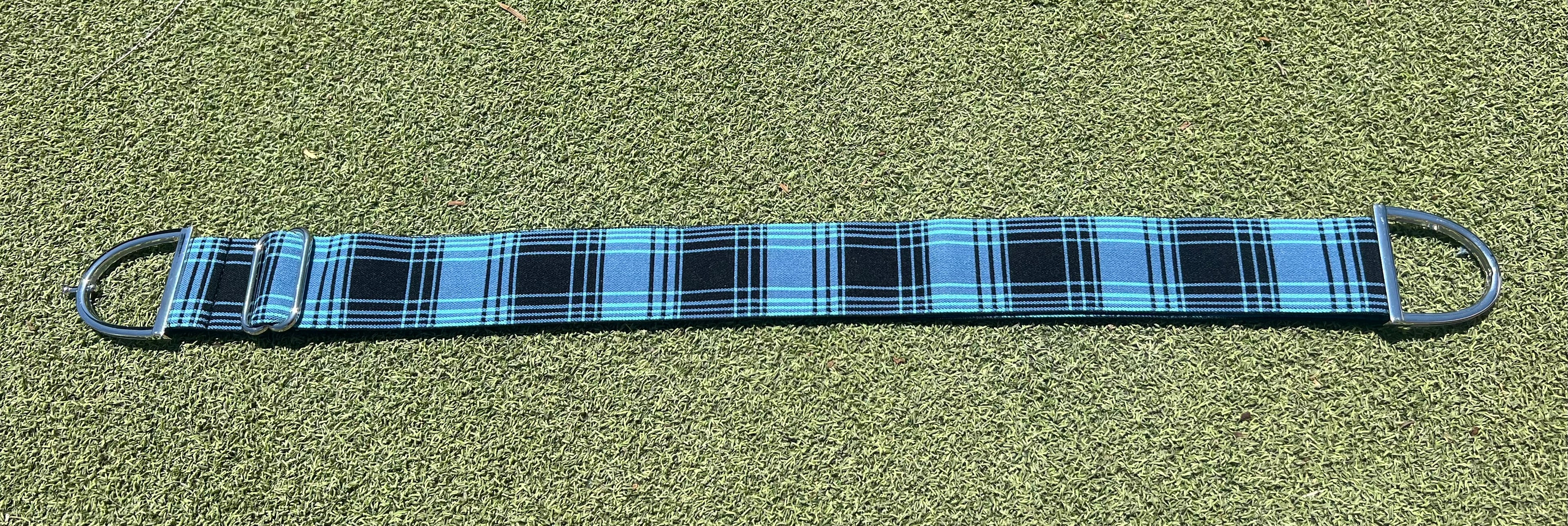 Stirrup belt buckle with Blue Plaid