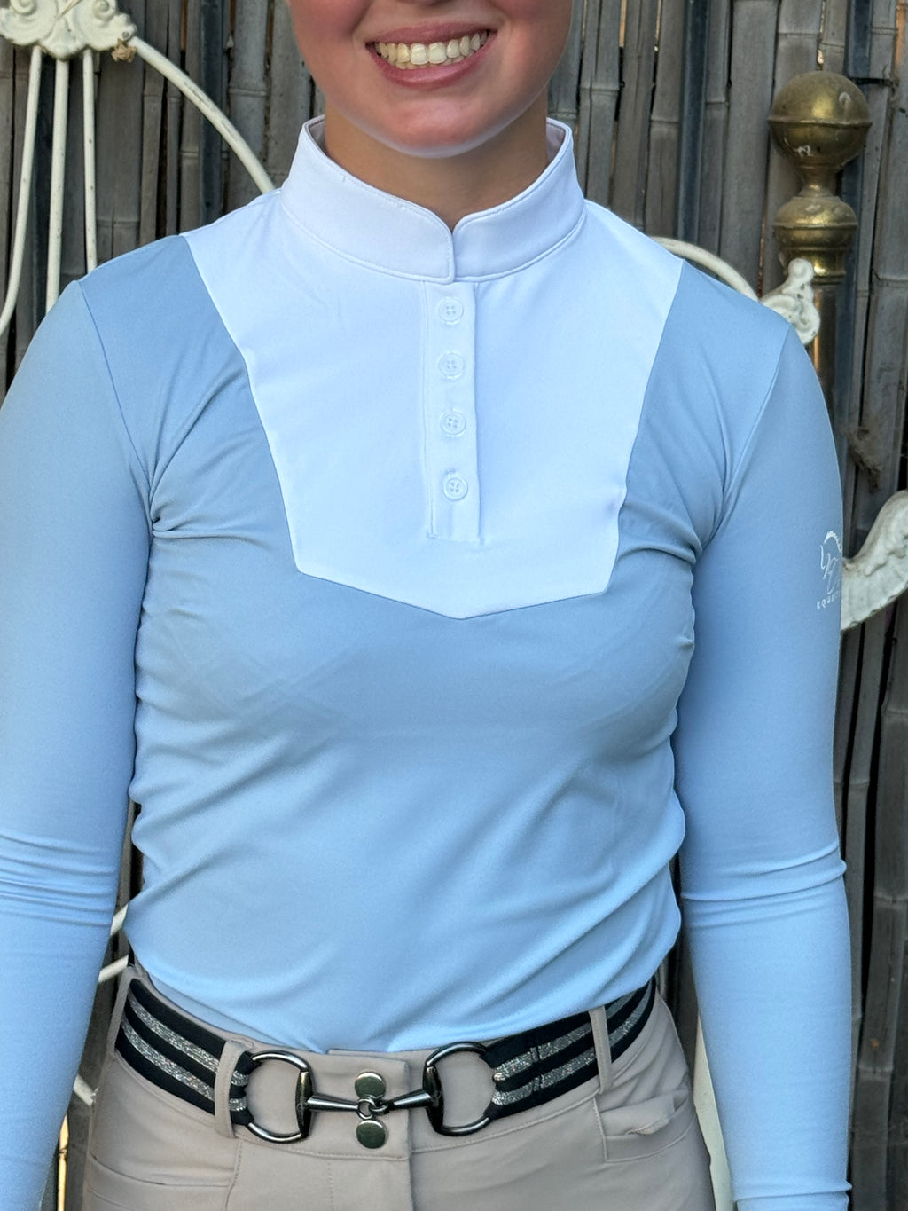 Baby Blue and white two tone Equestrian long sleeve hunter show shirt logo on sleeve