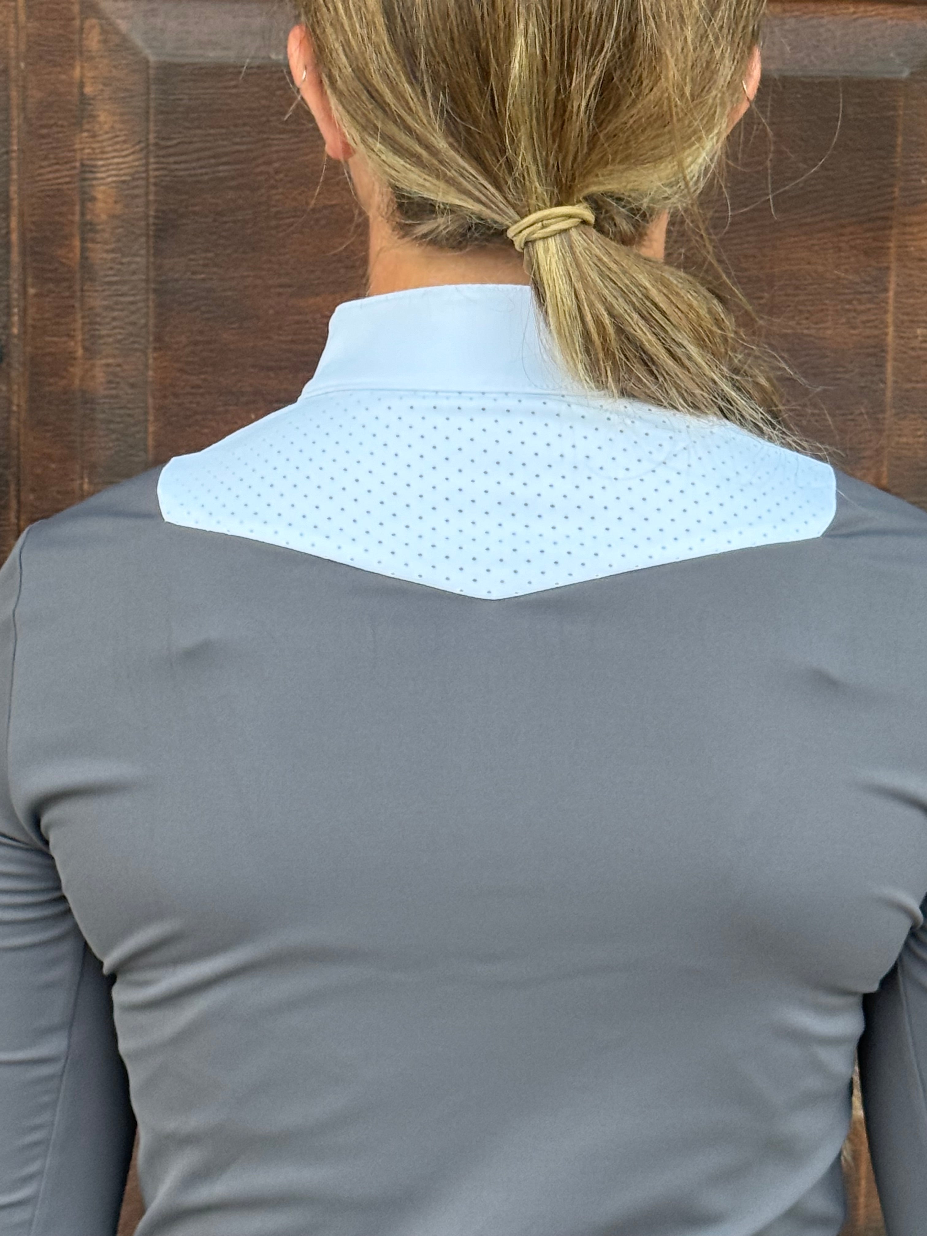 Dark grey white Equestrian two tone short sleeve hunter show shirt with Logo on sleeve