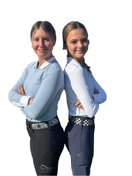 Baby Blue Equestrian Fancy cuff two tone long sleeve light Blue and white show shirt