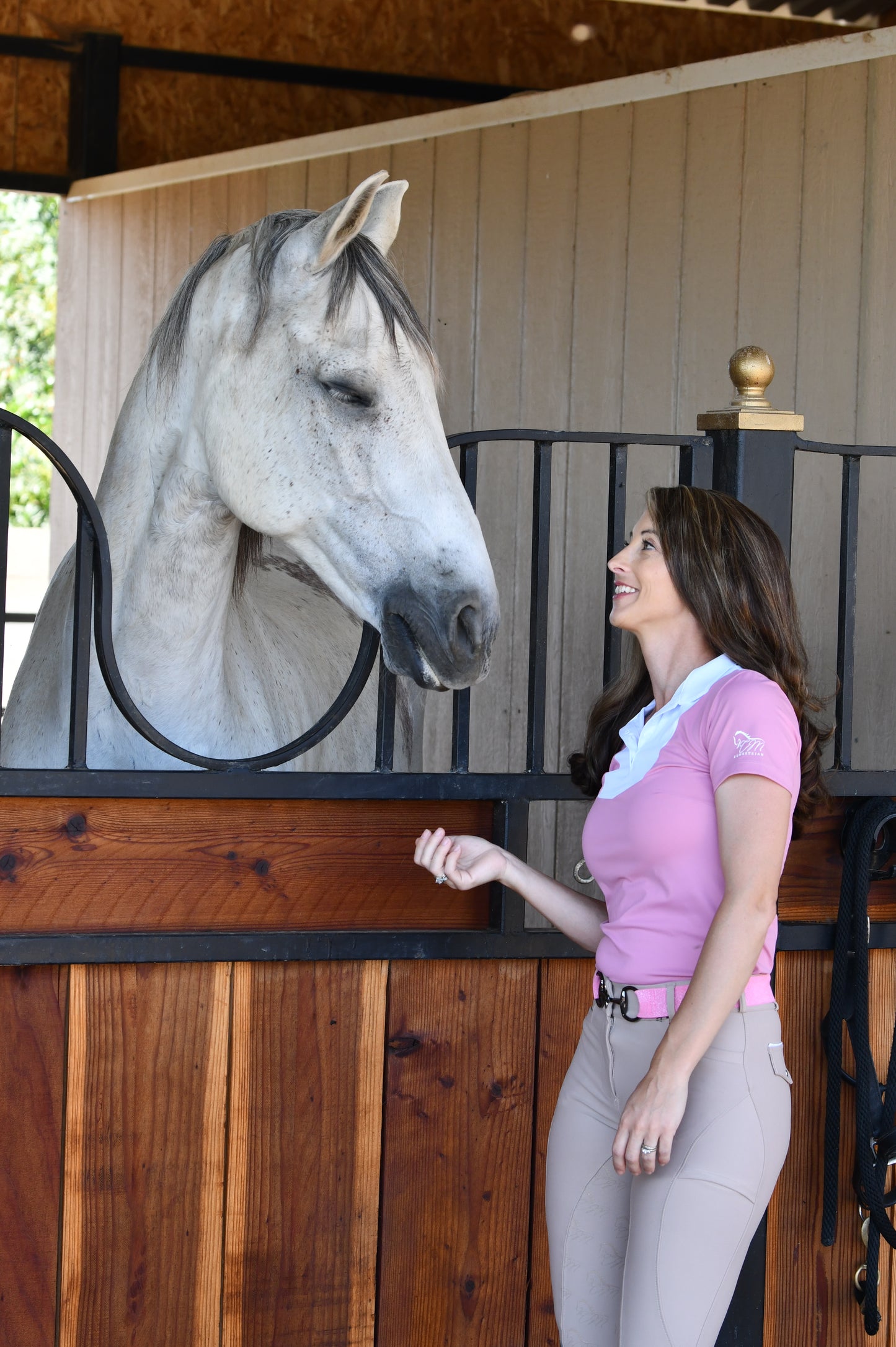 Equestrian two tone pink and white show short sleeve shirt