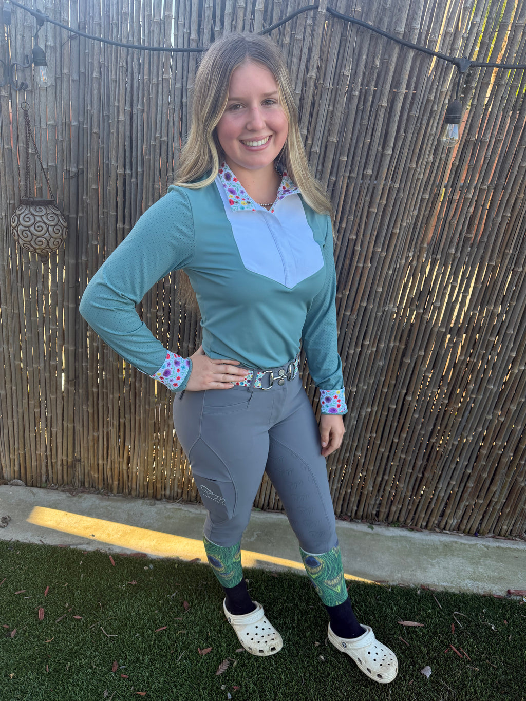Pre order sage CM two tone long sleeve with floral logo in cuff and collar