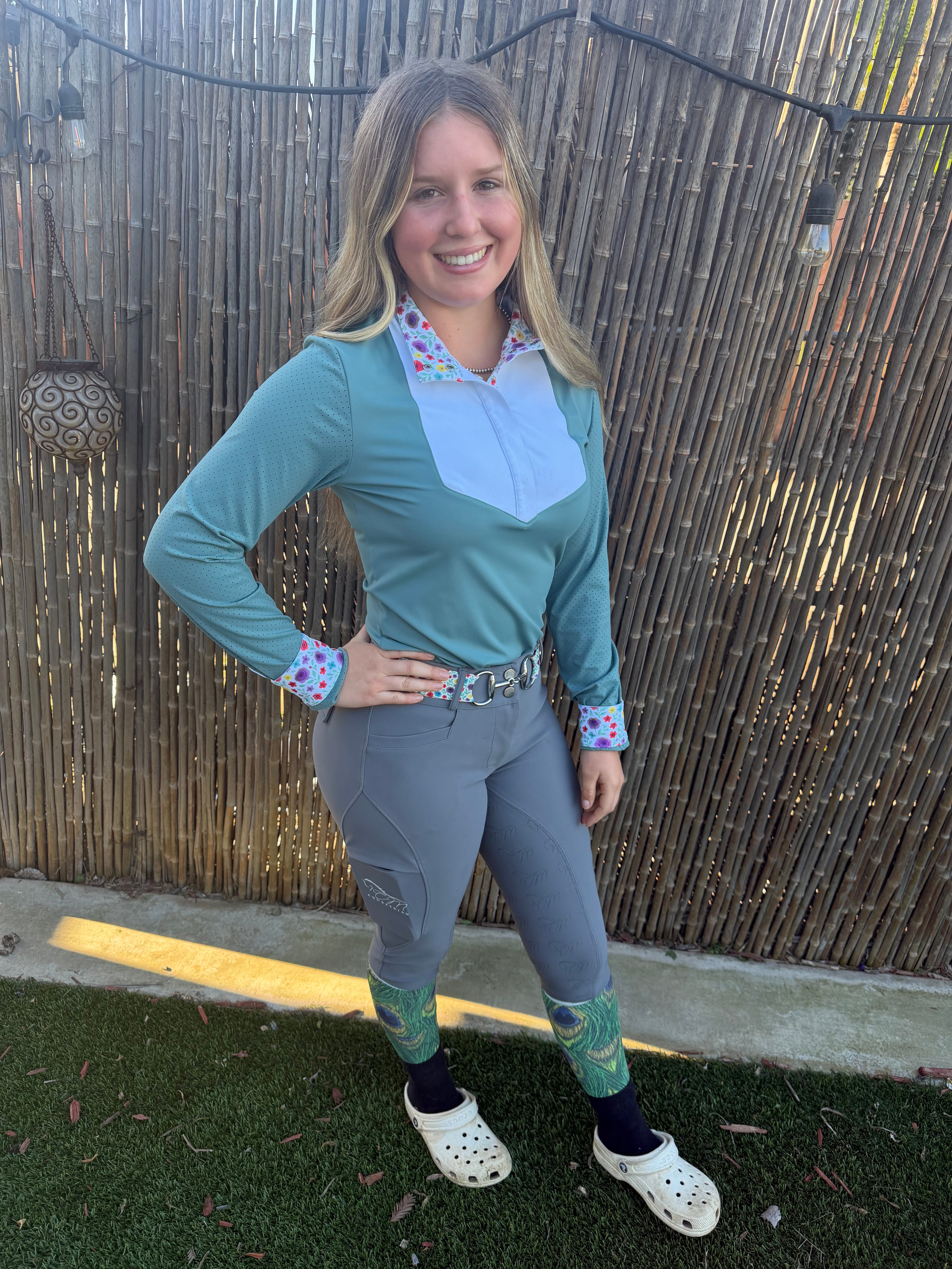 Pre order sage CM two tone long sleeve with floral logo in cuff and collar
