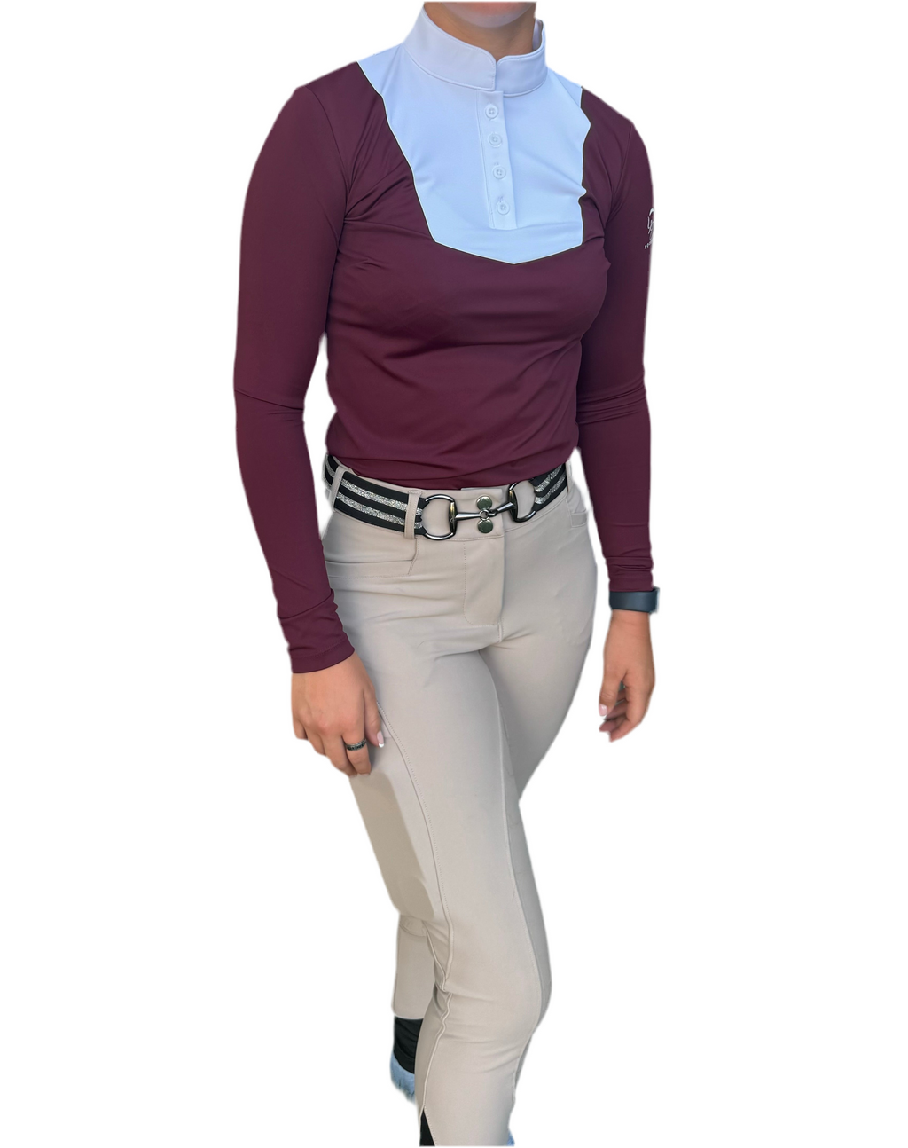 Burgundy and White Equestrian two tone long sleeve show shirt