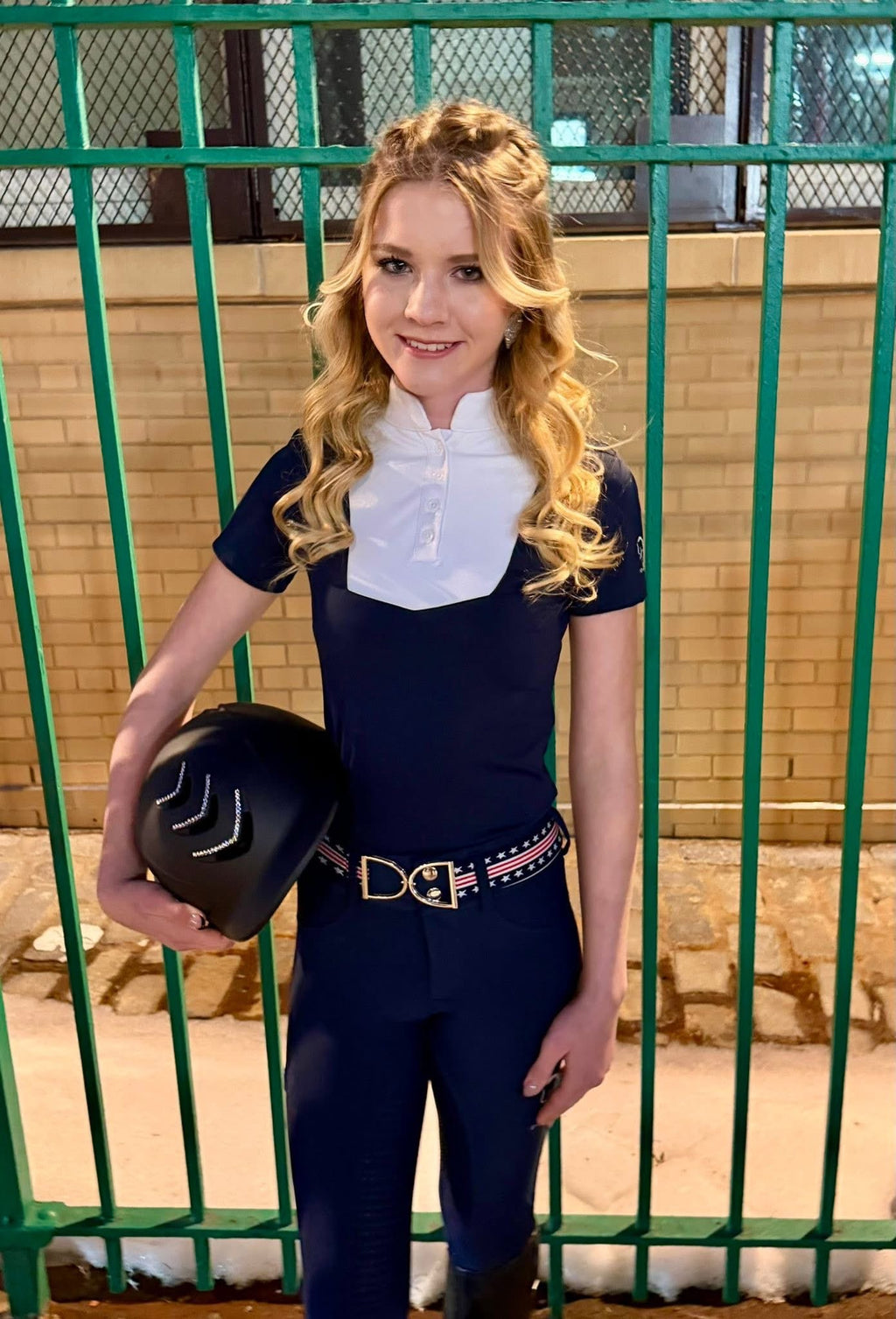 Navy white Equestrian two tone show short sleeve shirt CM logo on sleeve