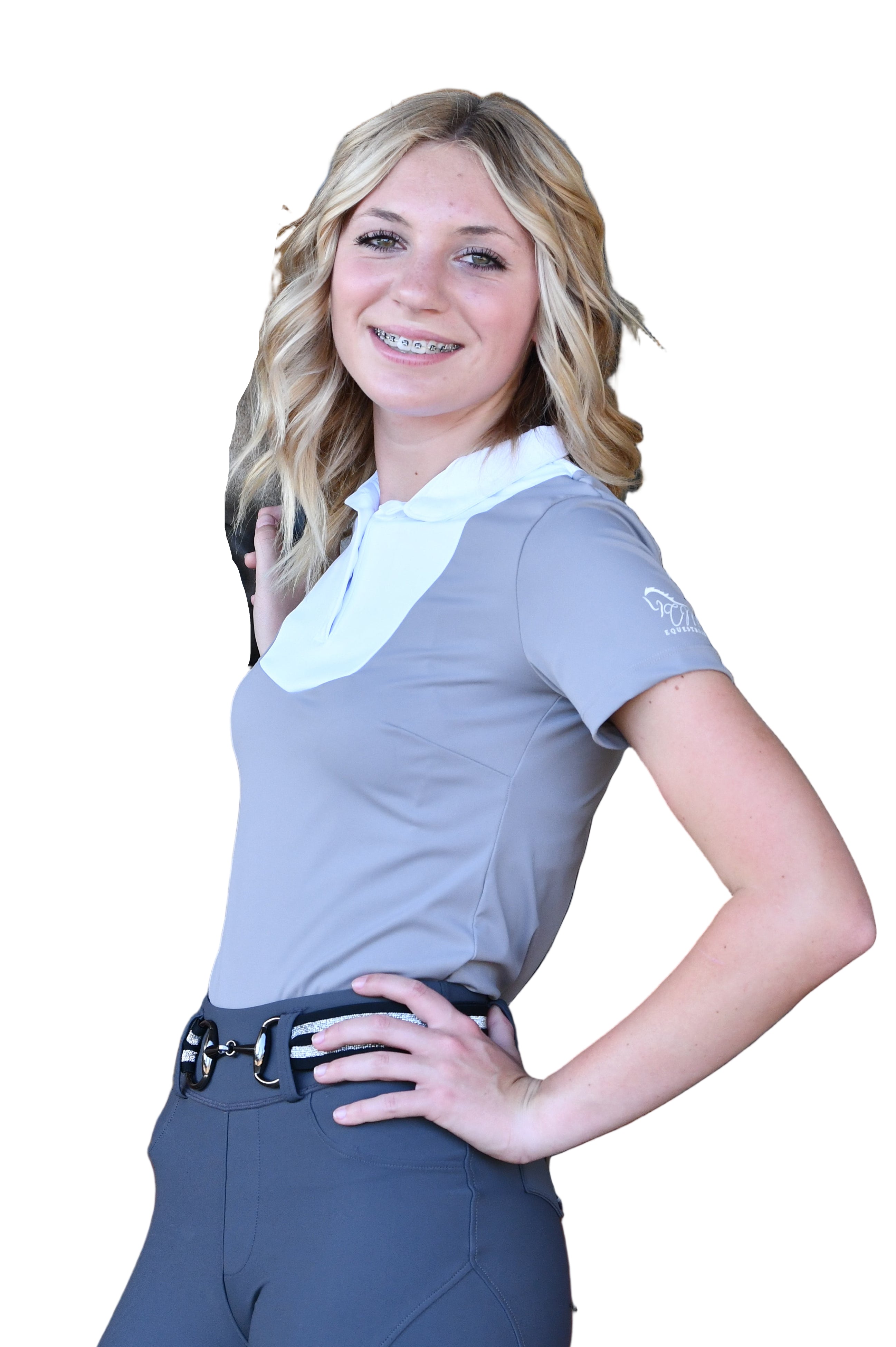 Light Grey white Equestrian two tone short Sleeve hunter shirt