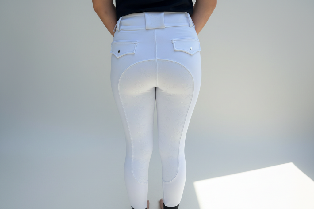 White Cm Equestrian Button Breeches CM logo on full bottomed