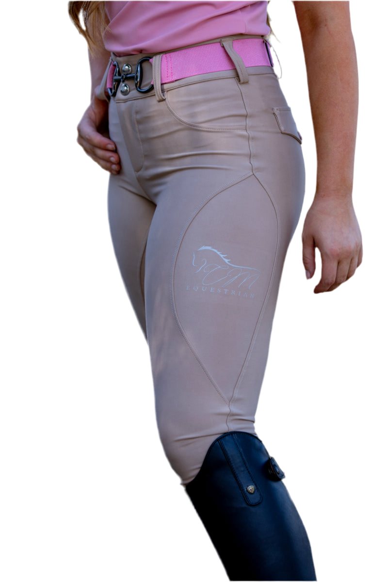 Tan Button up CM logo on pocket Breeches Women's Full Seat Riding Active Silicon Grip Horse Riding Equestrian Breeches
