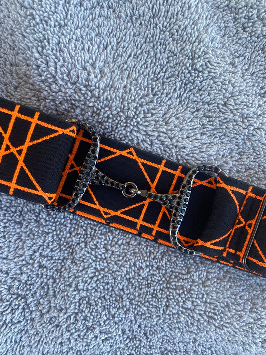 Snaffle Bit Riding Belt 1.5” Orange Adjustable with gun metal bit and black rhinestone crystals