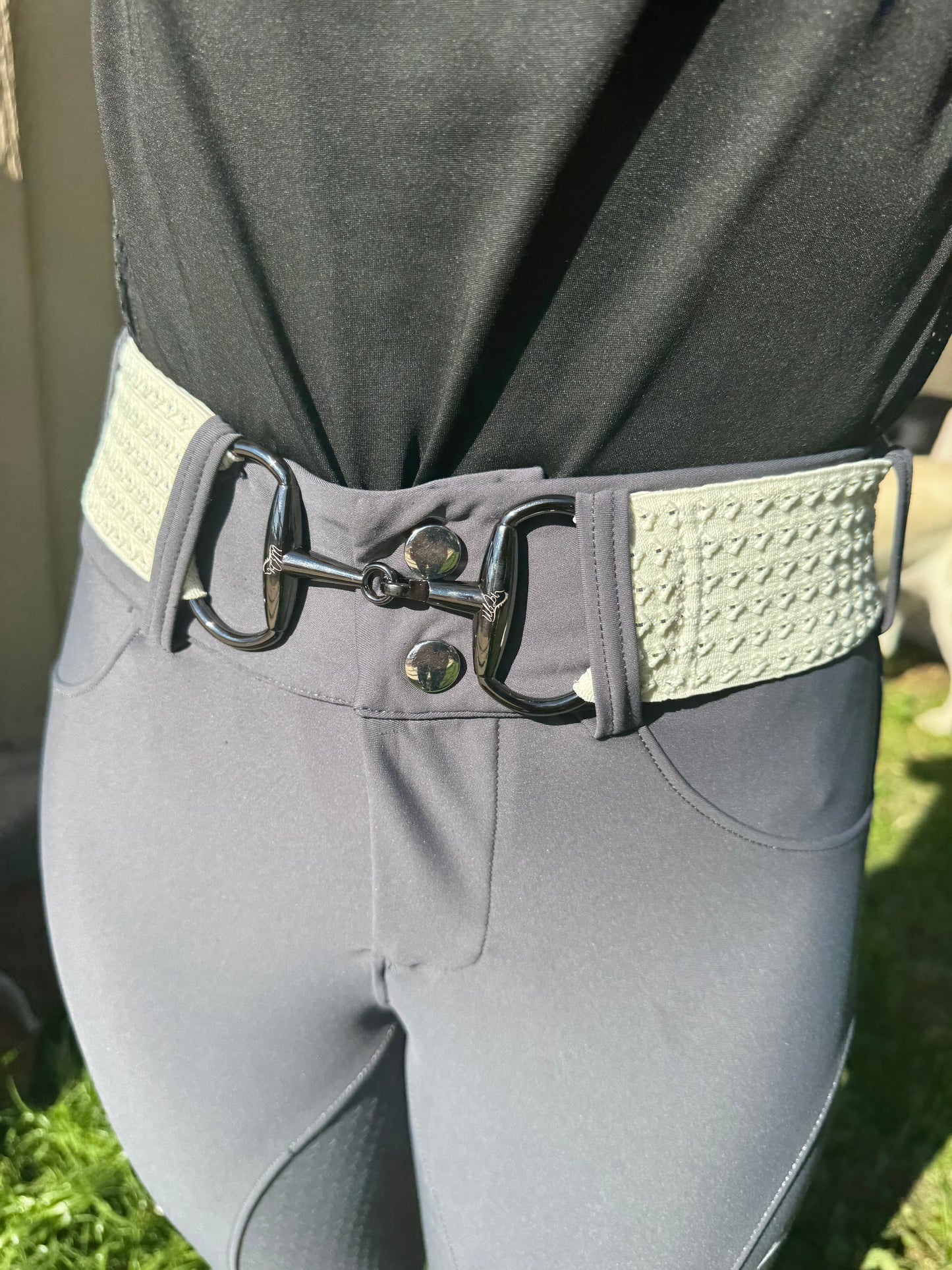 Cream texture with sparkle 2” equestrian black gun metal Snaffel bit belt buckle and