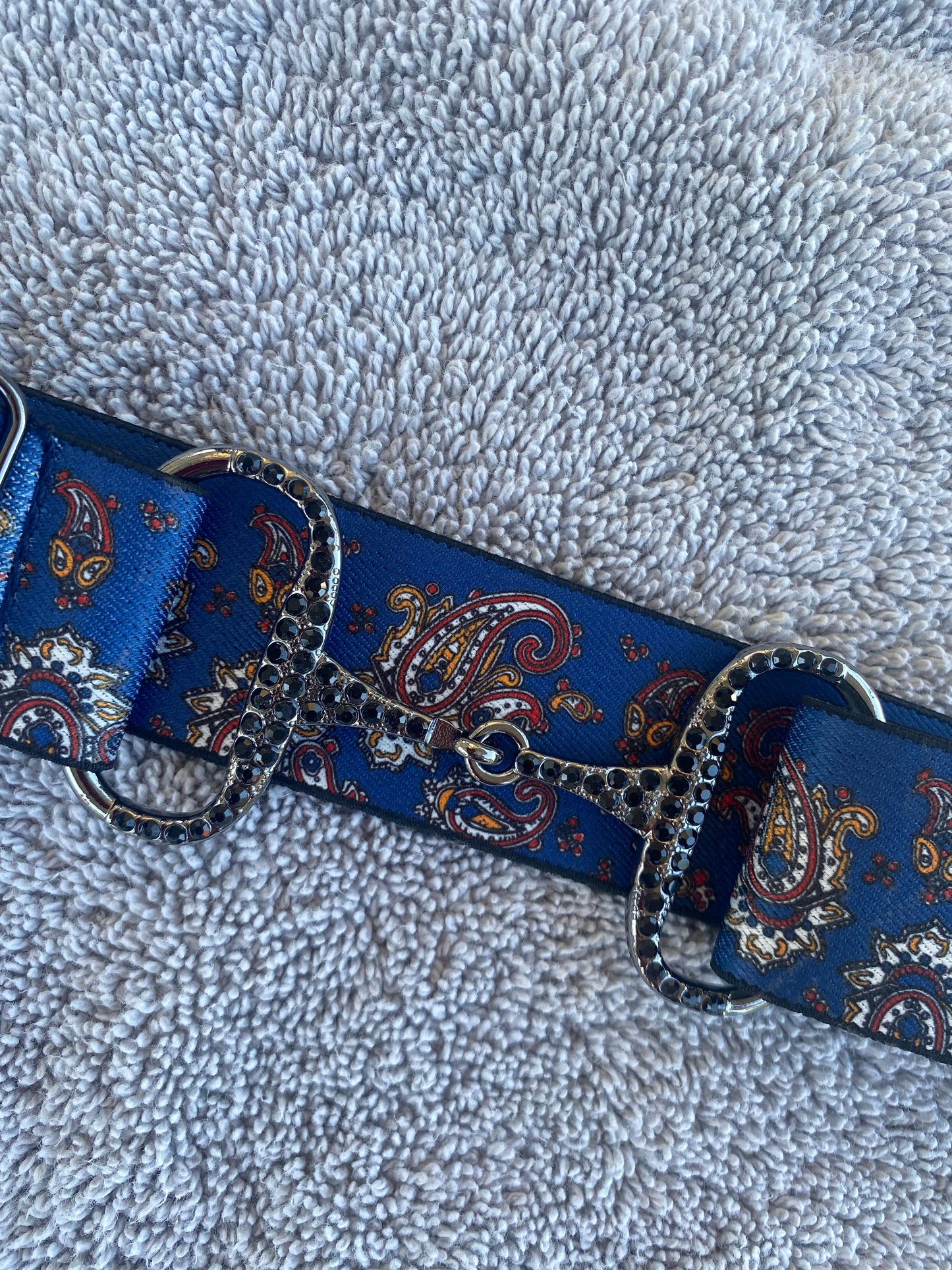 Snaffle Bit Riding Belt 1.5” Paisley Adjustable with gun metal bit and black rhinestone crystals