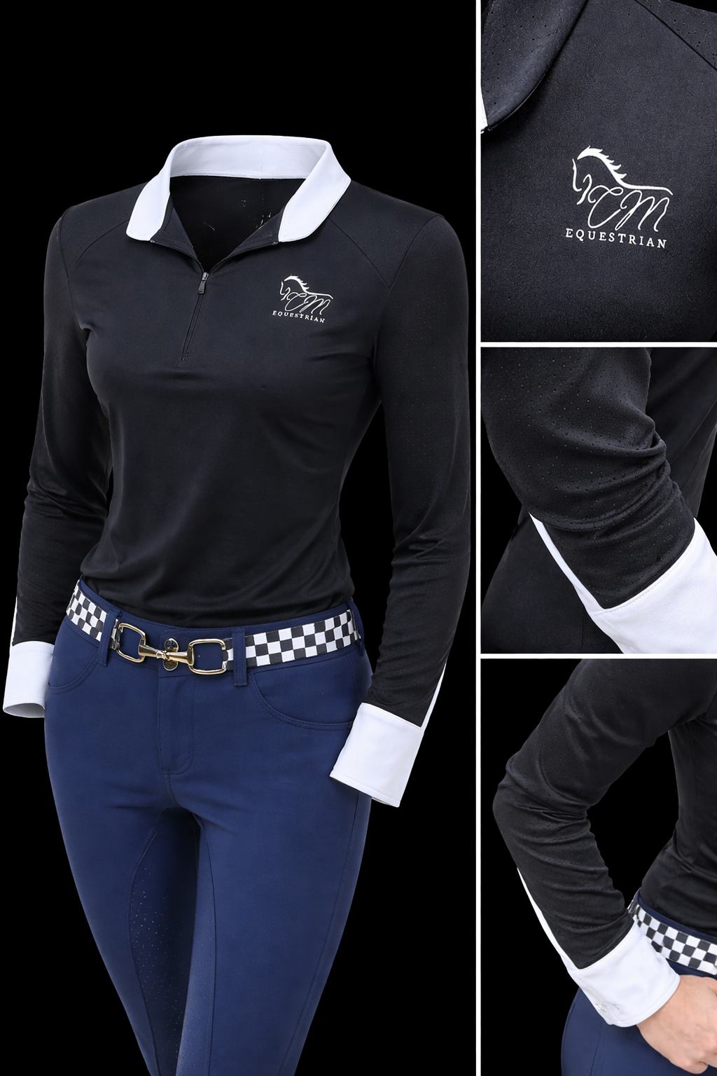 Black Equestrian Fancy cuff two tone long sleeve black and white shirt