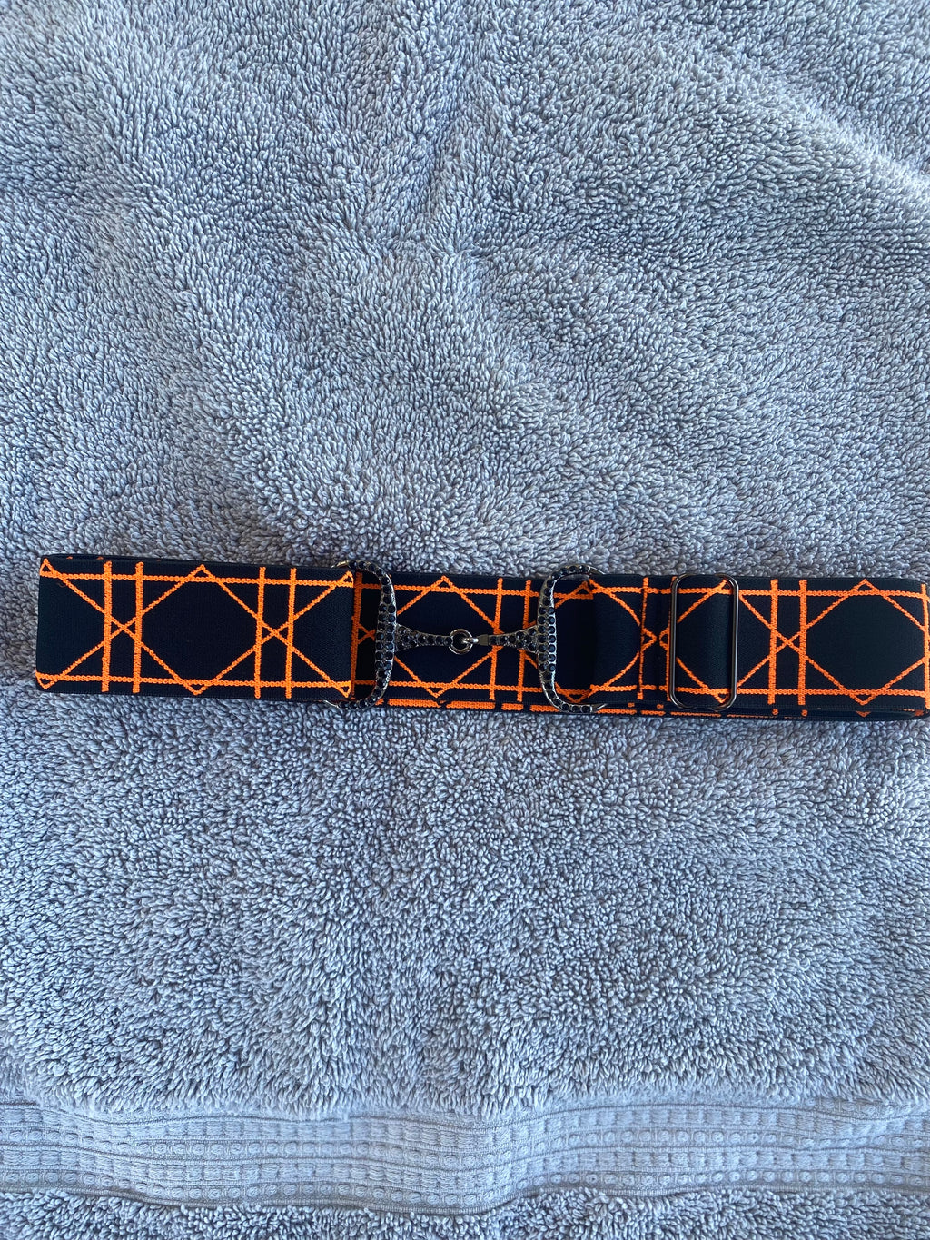 Snaffle Bit Riding Belt 1.5” Orange Adjustable with gun metal bit and black rhinestone crystals