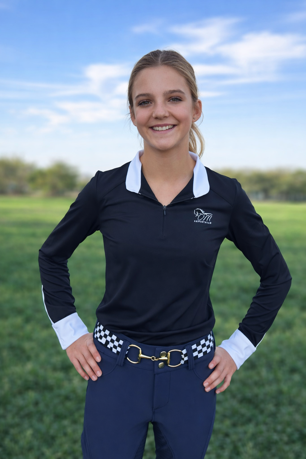 Black Equestrian Fancy cuff two tone long sleeve black and white shirt