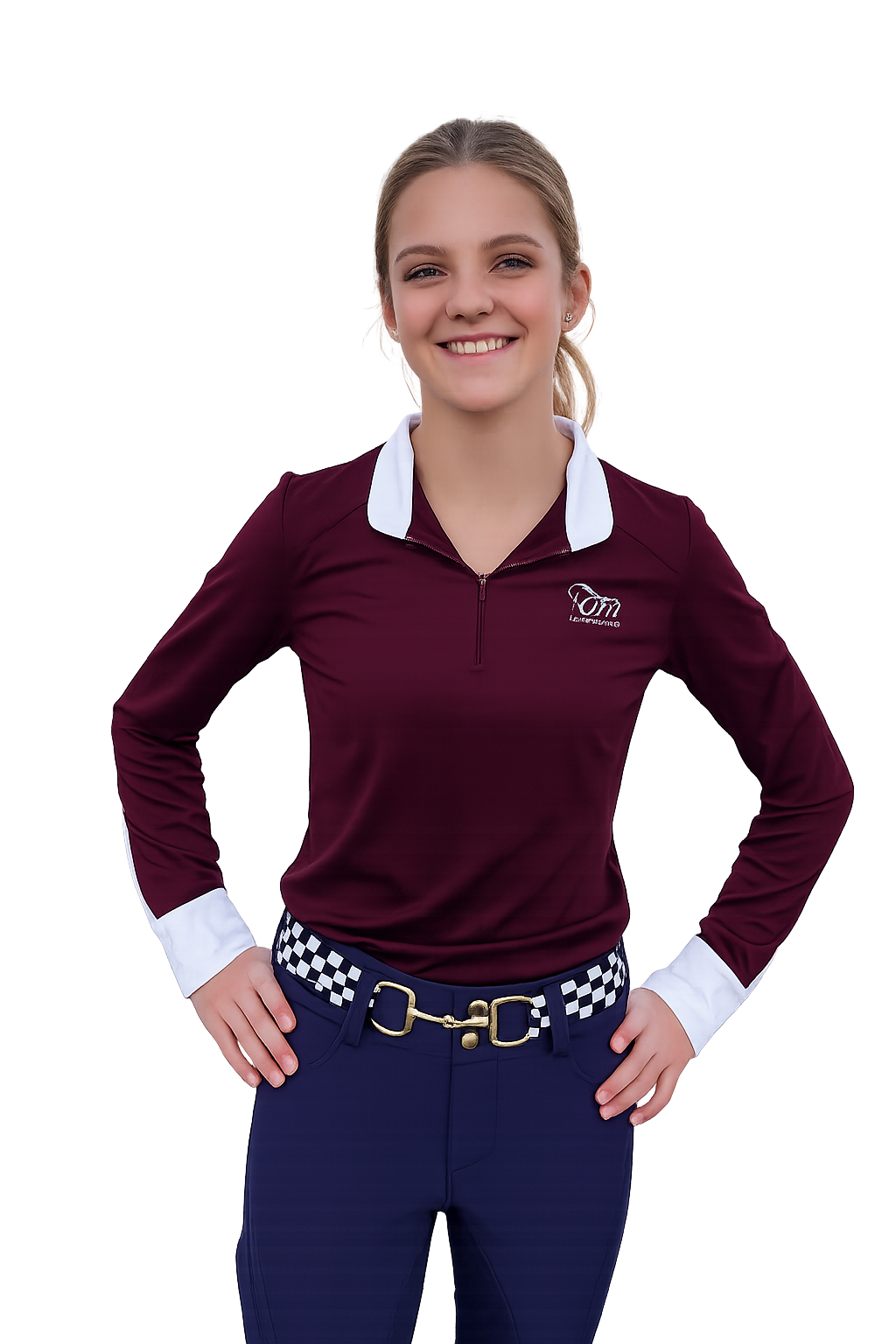 Burgundy white Equestrian Fancy cuff two tone long sleeve shirt