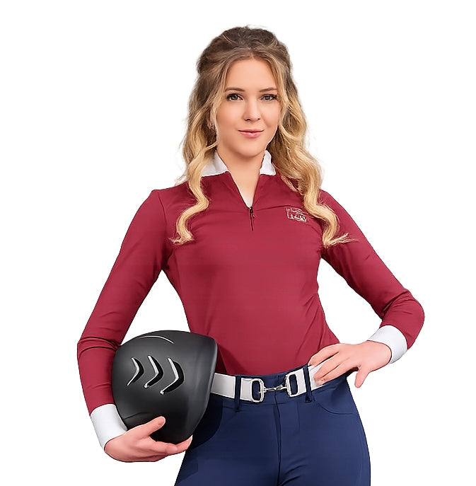 Burgundy white Equestrian Fancy cuff two tone long sleeve shirt
