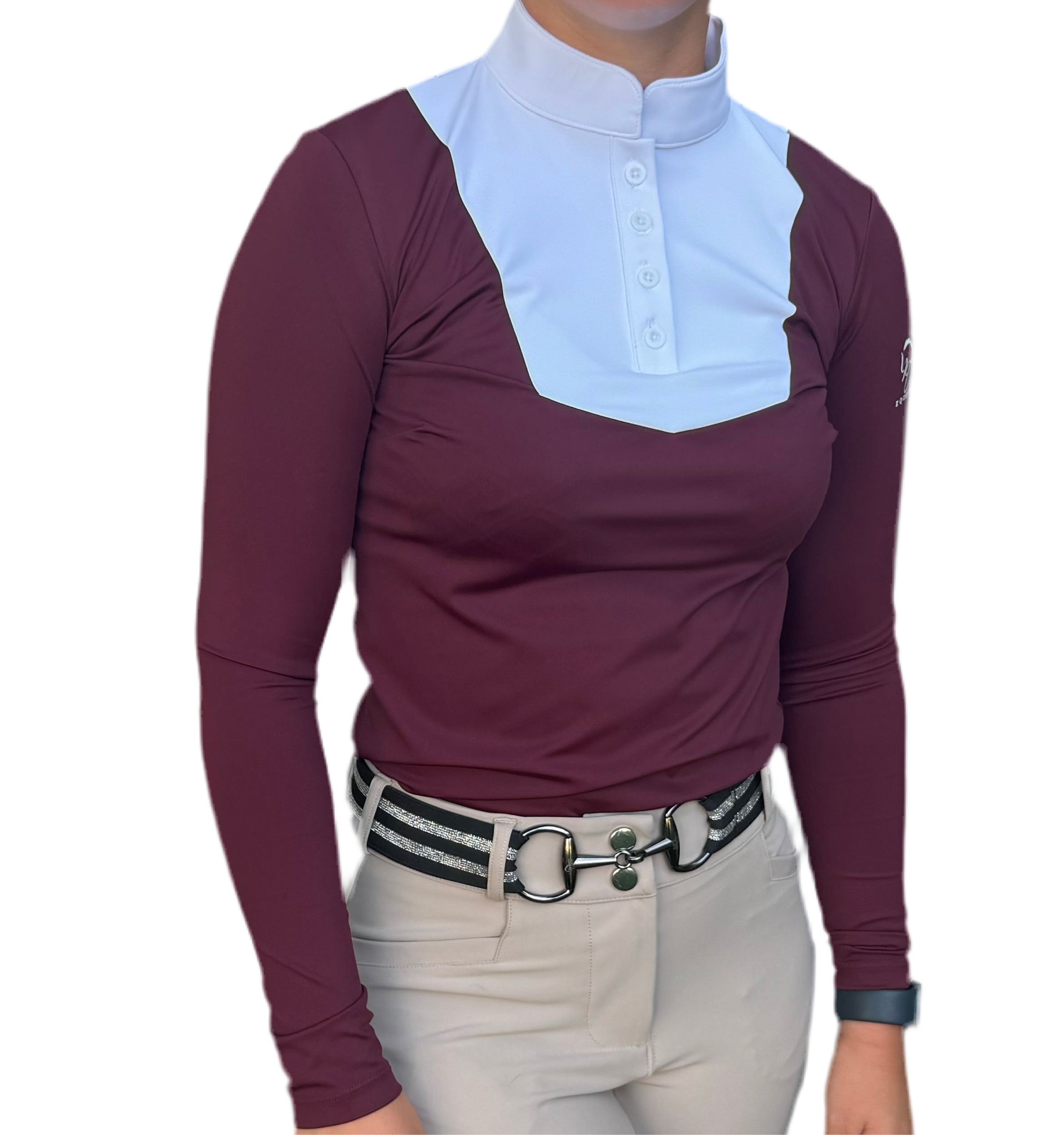 Burgundy and White Equestrian two tone long sleeve show shirt