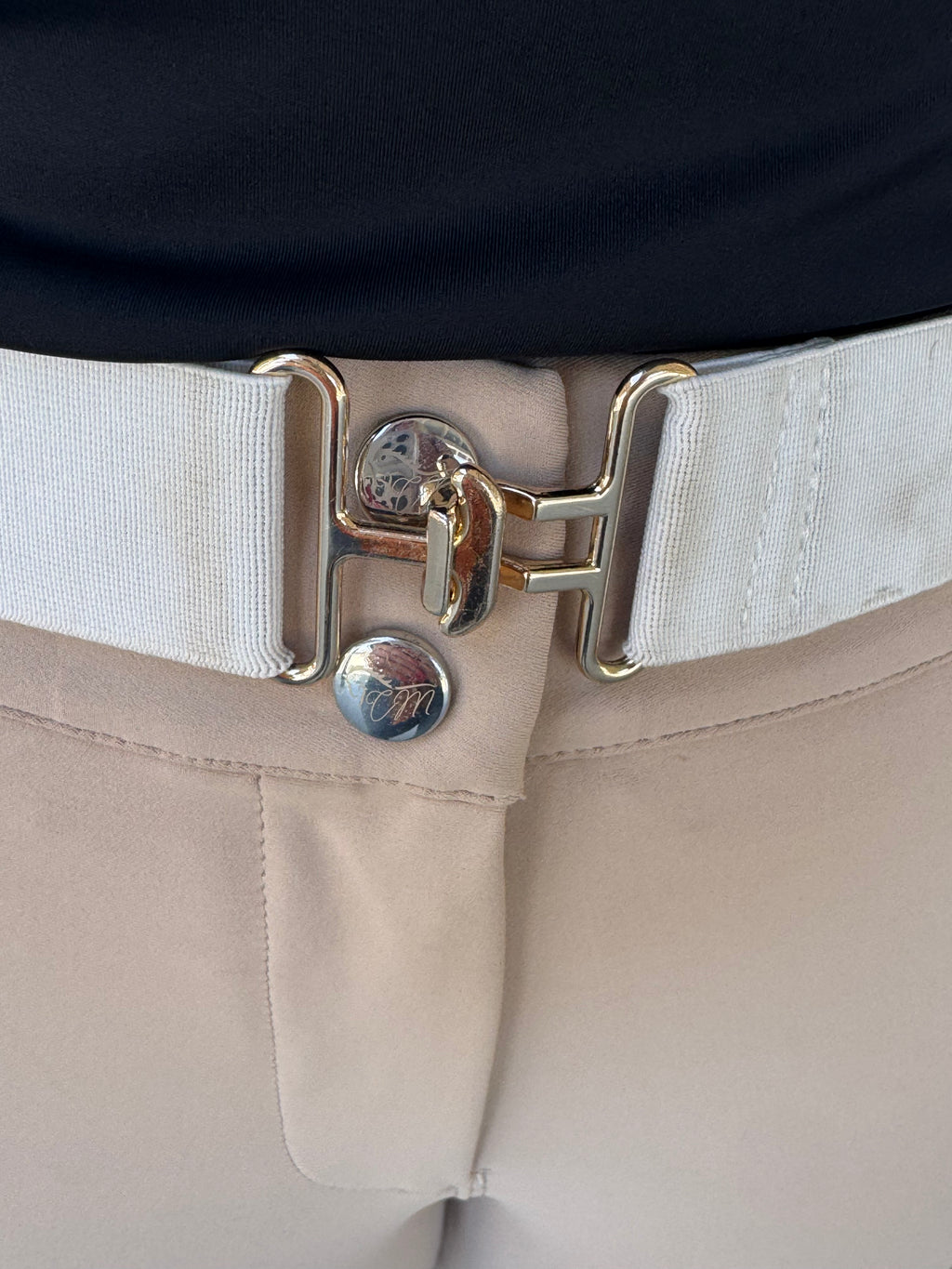 Cm Tan Knee Equestrian Button Breeches with CM logo