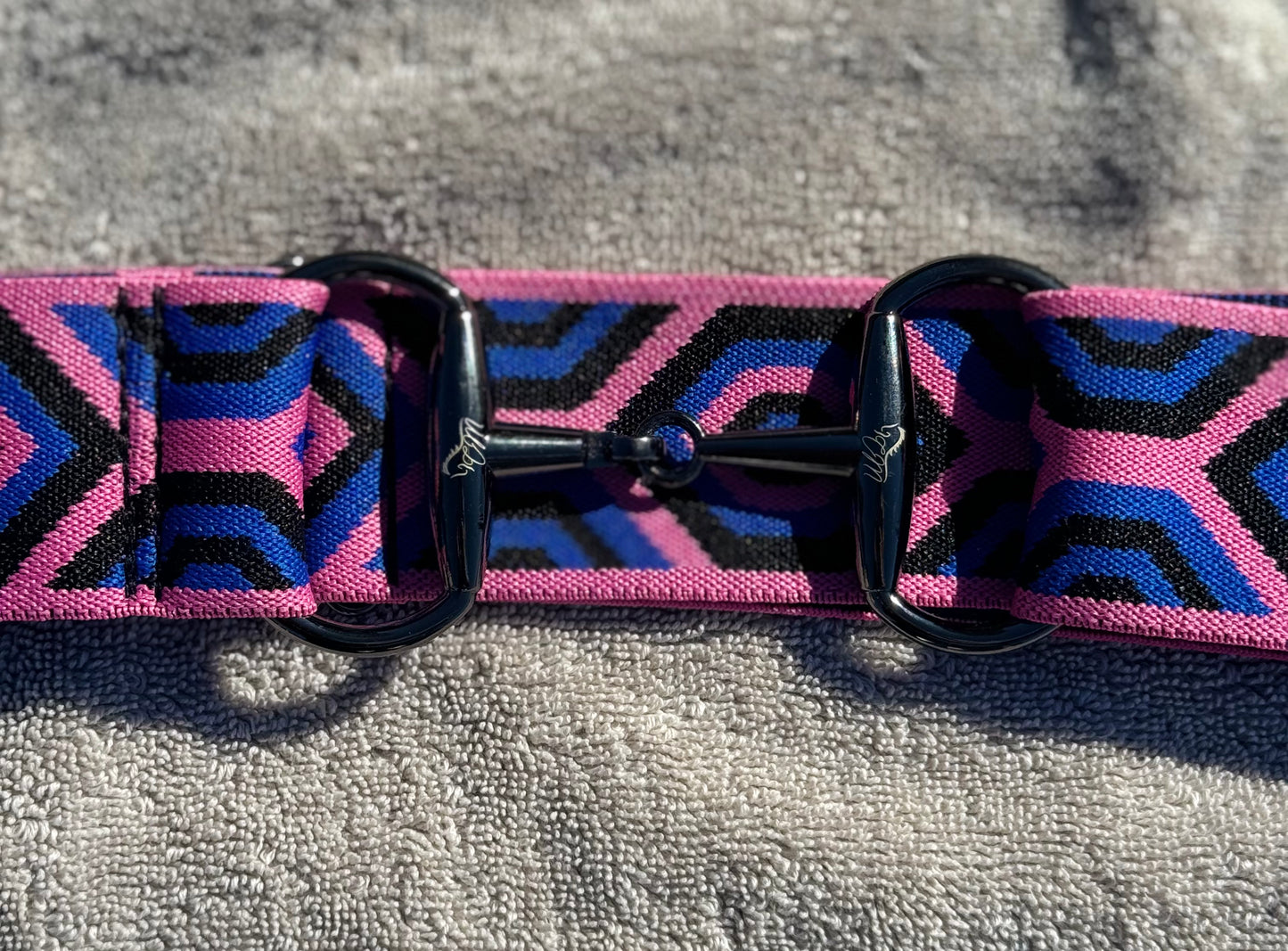 2” equestrian  black gun metal Snaffel bit belt buckle and pink and blue