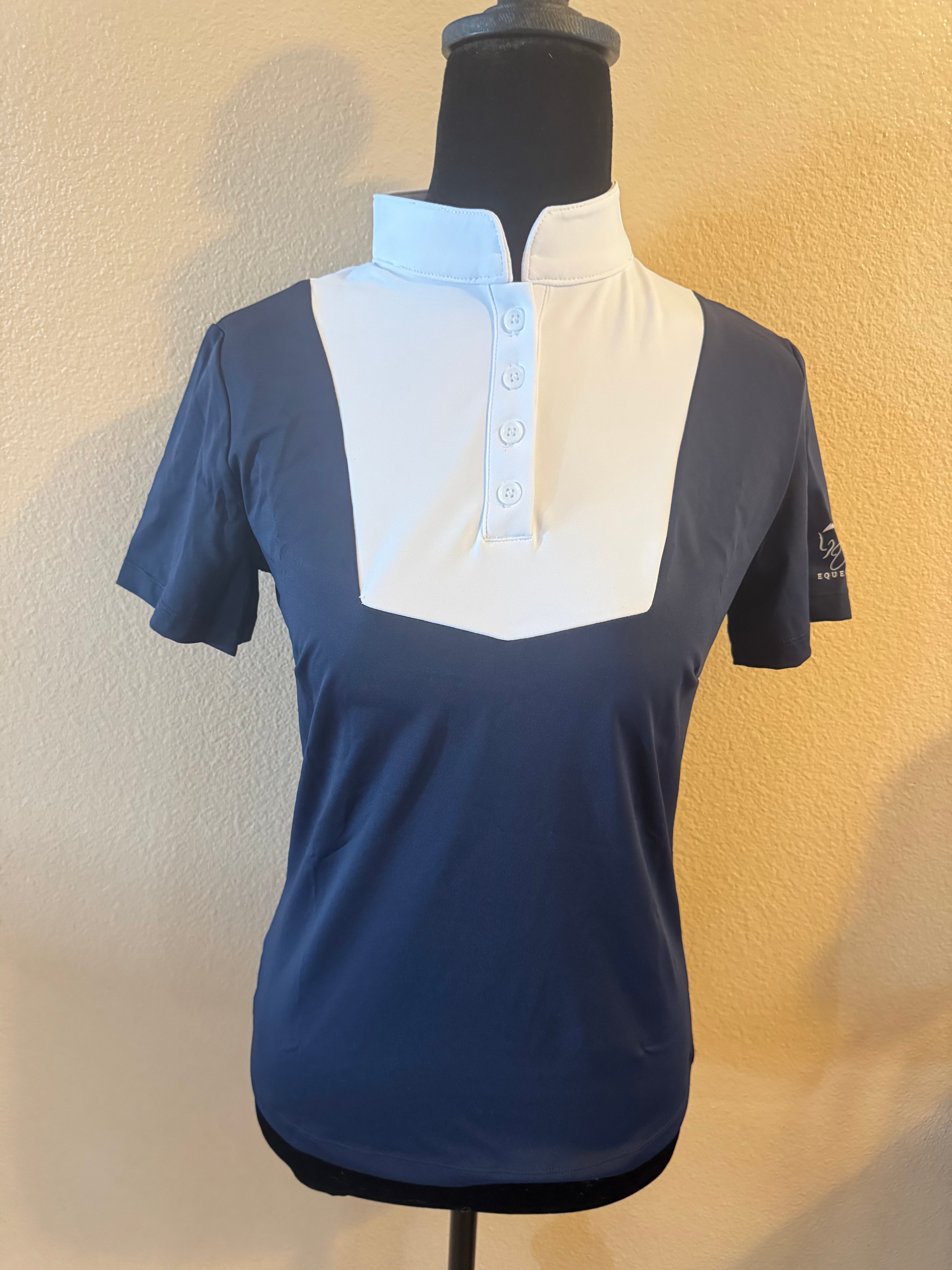 Navy white Equestrian two tone show short sleeve shirt CM logo on sleeve