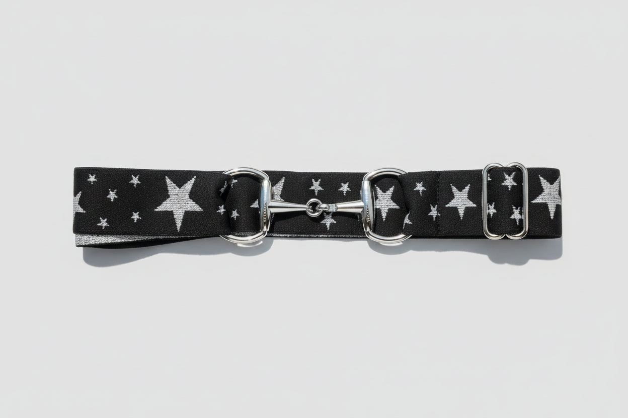 Star silver and black snaffle belt buckle with adjustable