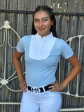 Baby Blue white Equestrian two tone short sleeve show shirt with logo on sleeve