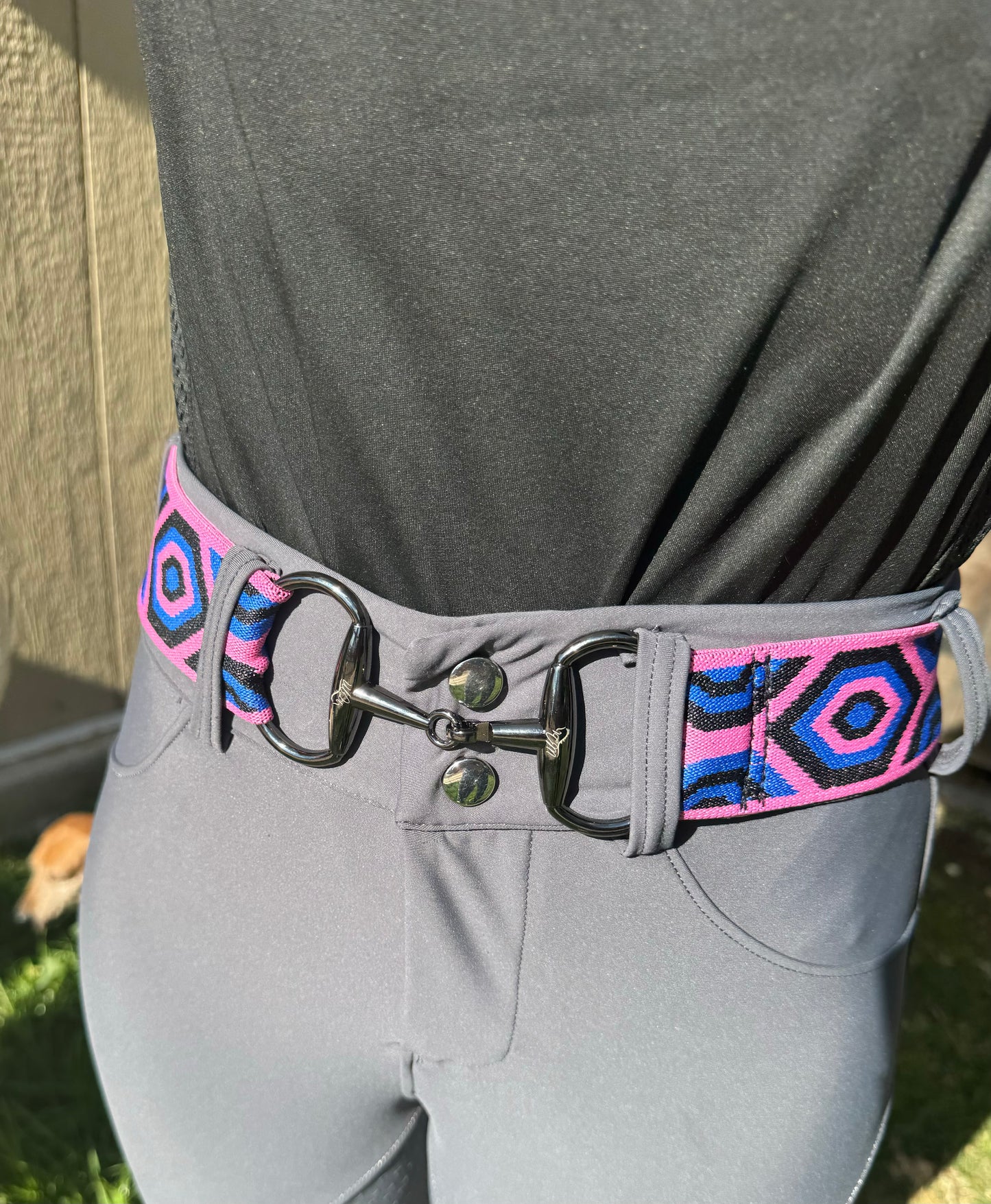 2” equestrian  black gun metal Snaffel bit belt buckle and pink and blue