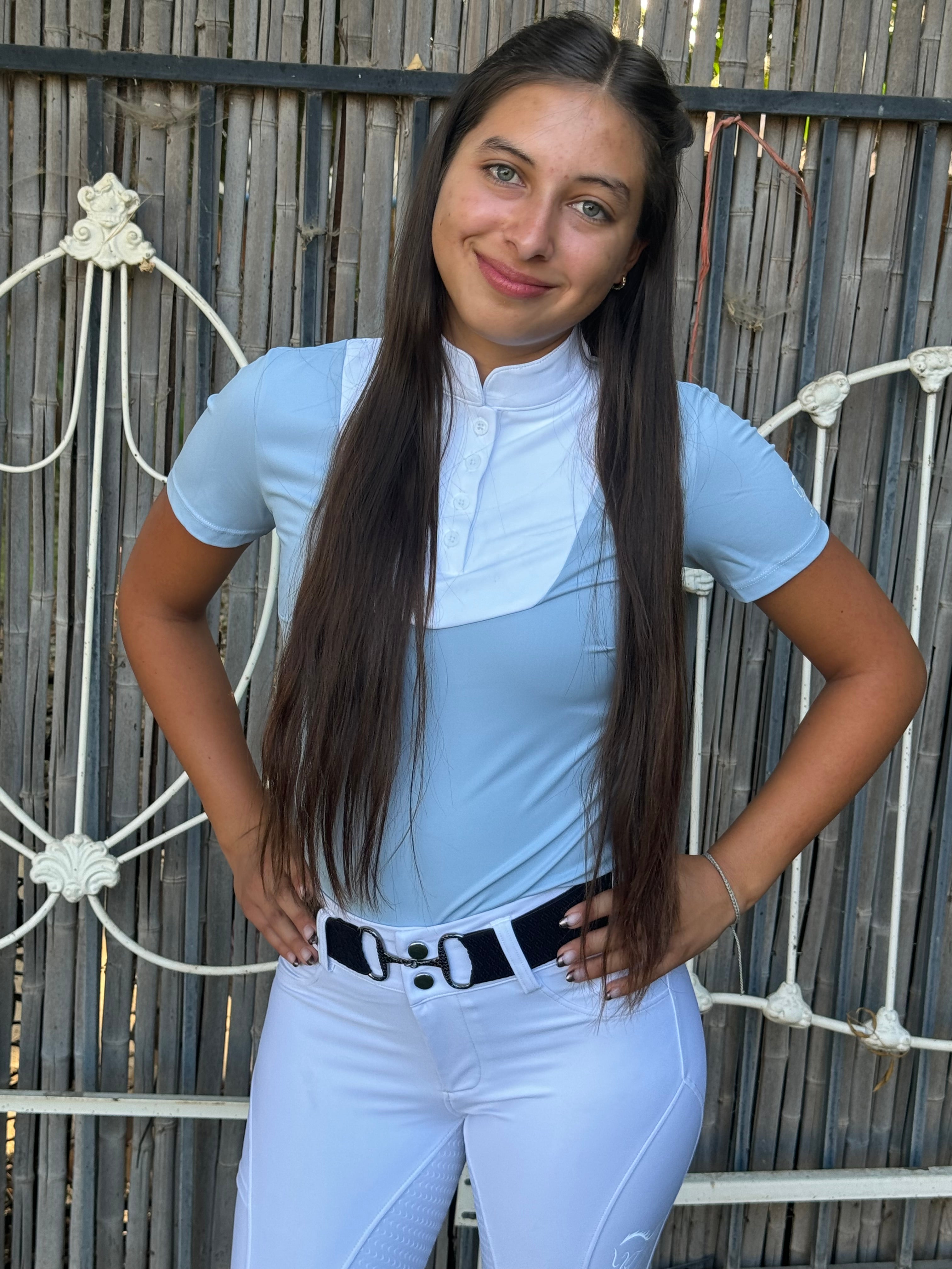 Baby Blue white Equestrian two tone short sleeve show shirt with logo on sleeve