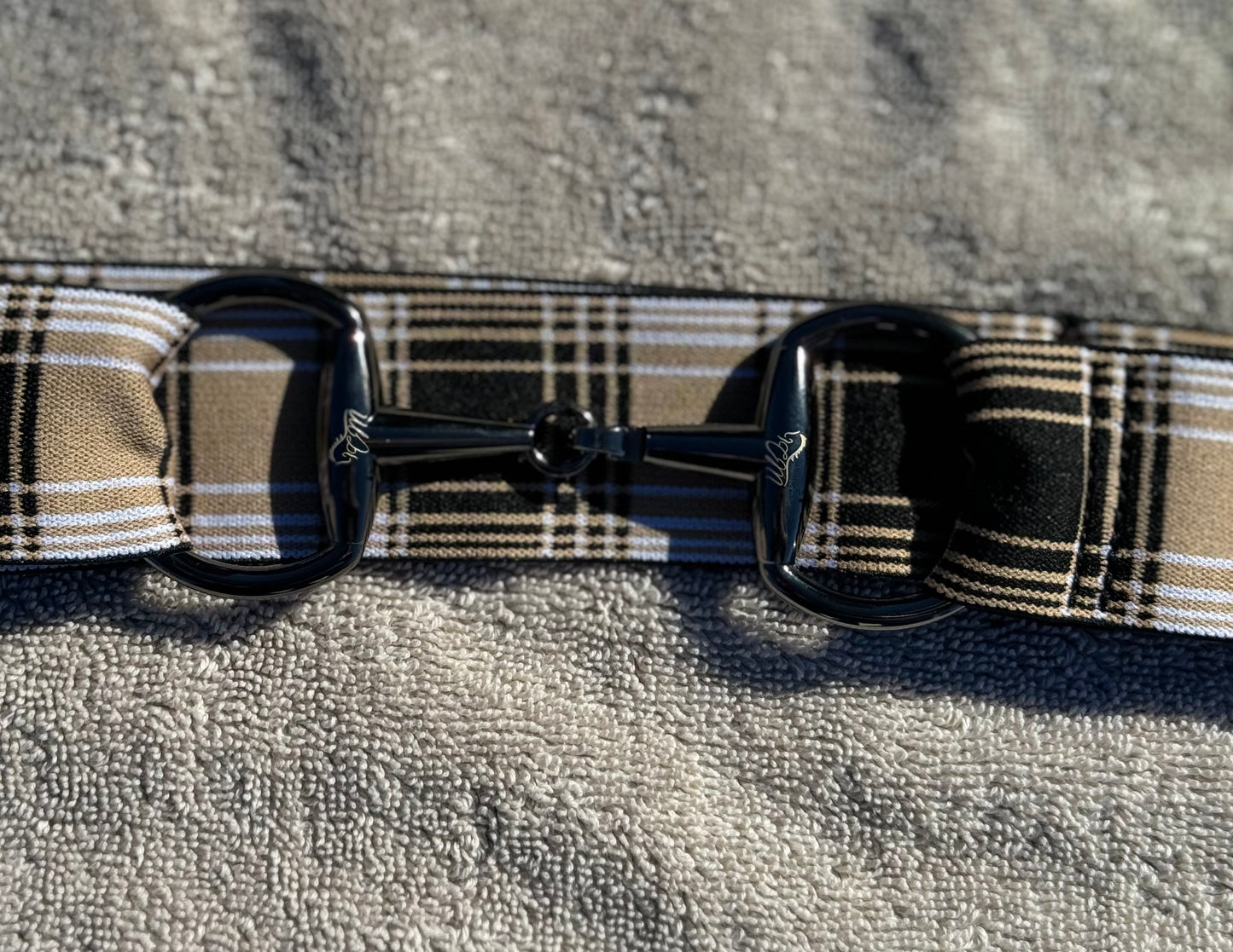 1.5” tan plaid equestrian black gun metal Snaffel bit belt buckle