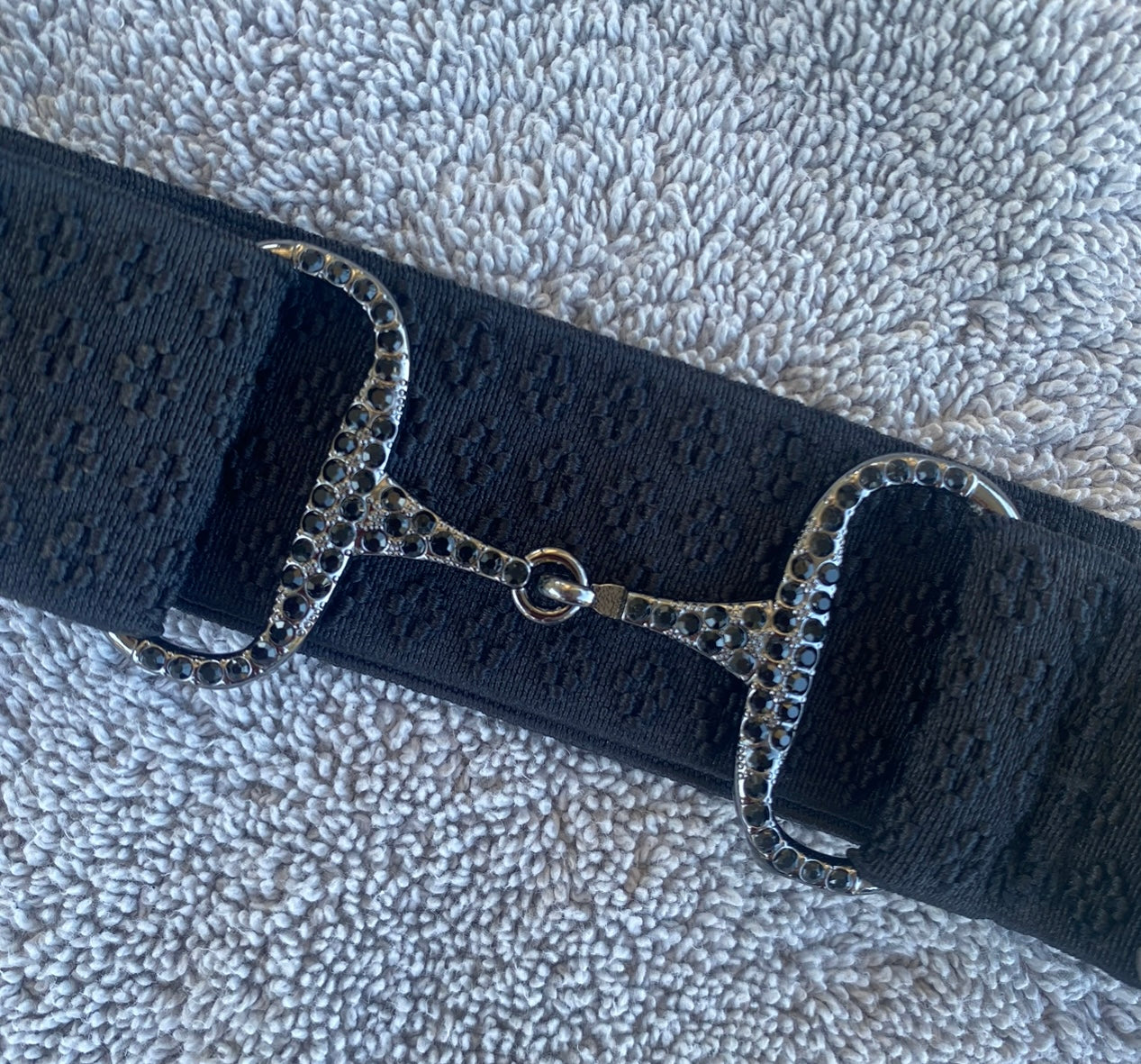 CZ 1.5” Adjustable Snaffle Bit Riding Belt with gun metal bit and black rhinestone crystals