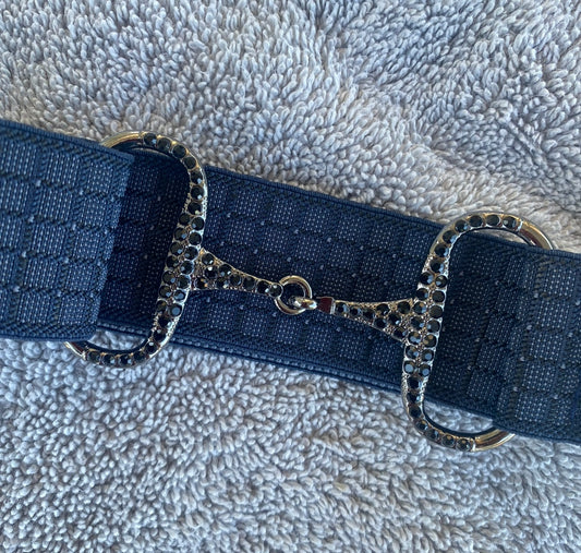 Navy Square pattern 1.5” Adjustable Snaffle Bit Riding Belt with gun metal bit and black rhinestone crystals