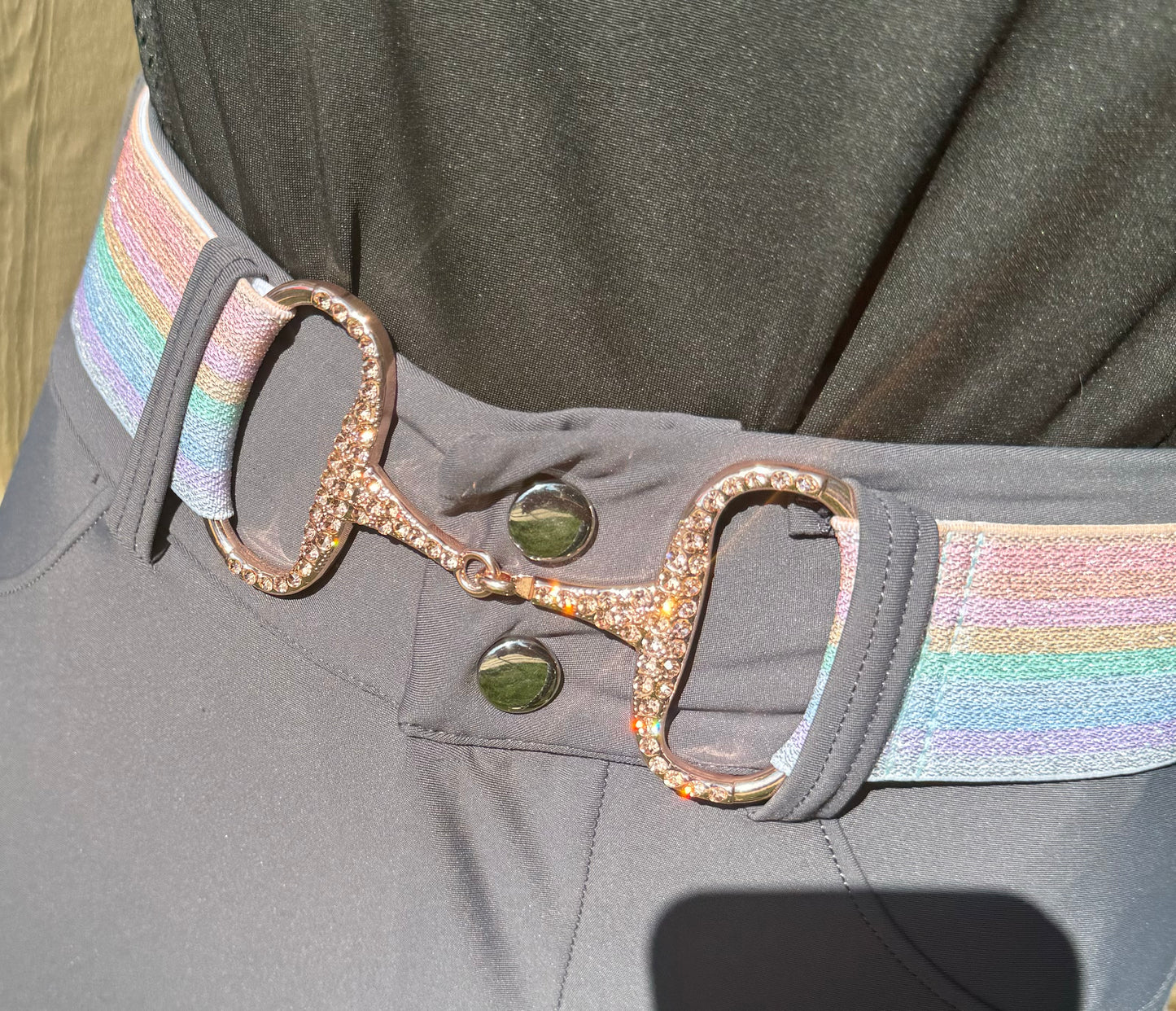 2” Rainbow Snaffle bit belt with CZ crystal rhinestones in Rose Gold