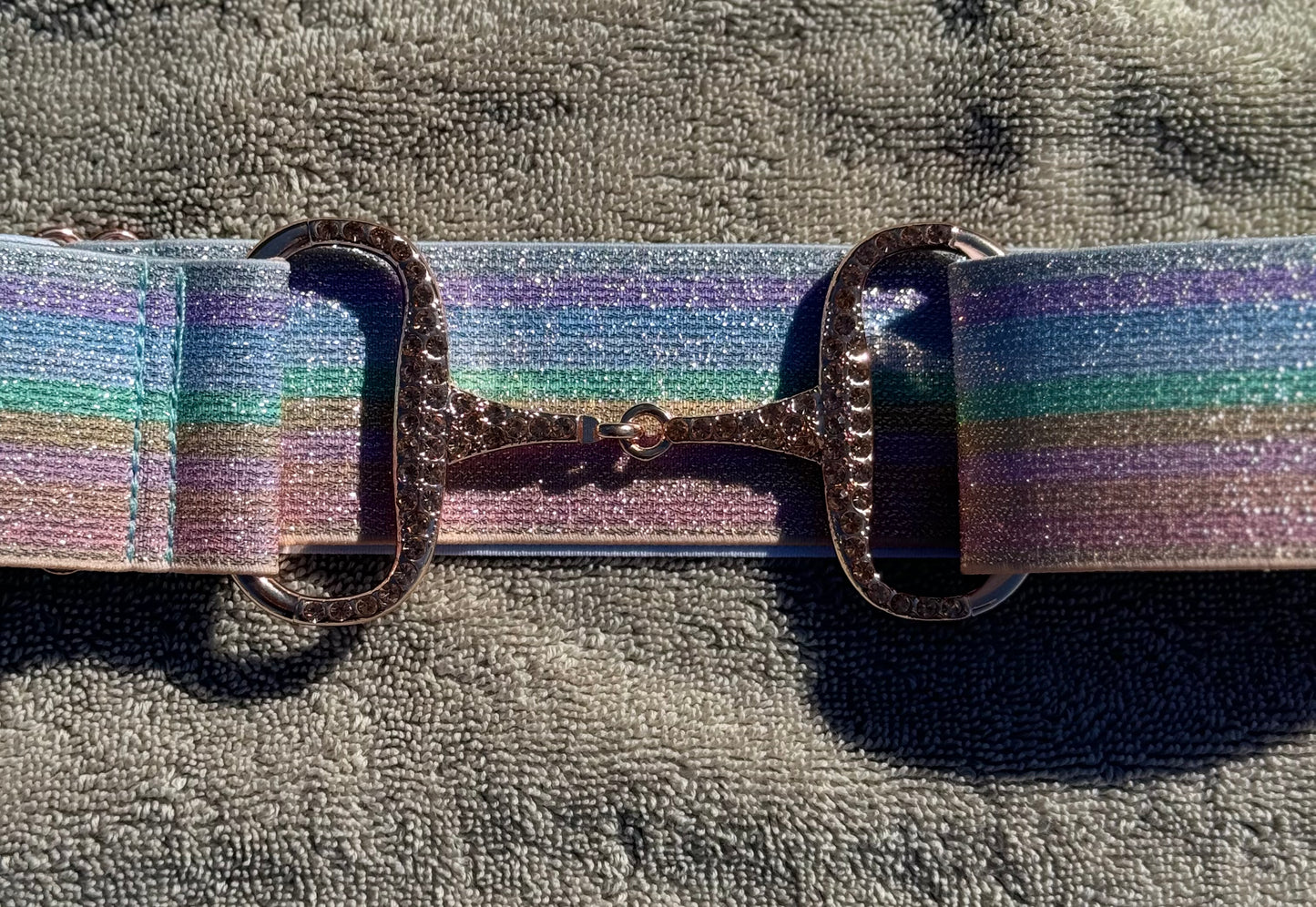 2” Rainbow Snaffle bit belt with CZ crystal rhinestones in Rose Gold