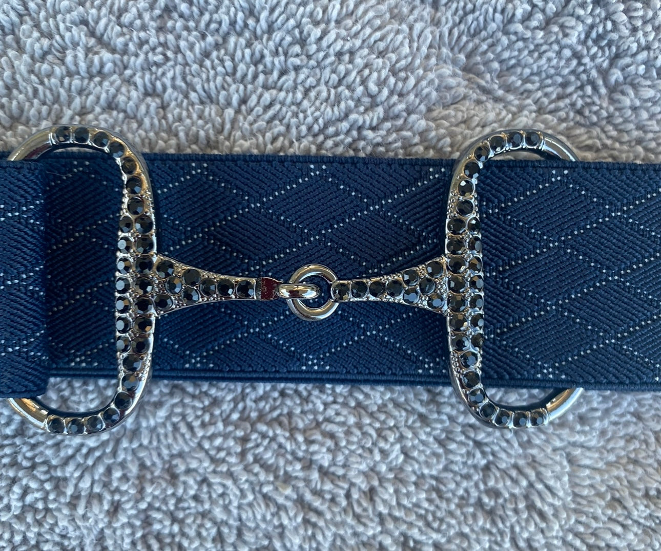 CZ 1.5” Adjustable Snaffle Bit Riding Belt with gun metal bit and black rhinestone crystals