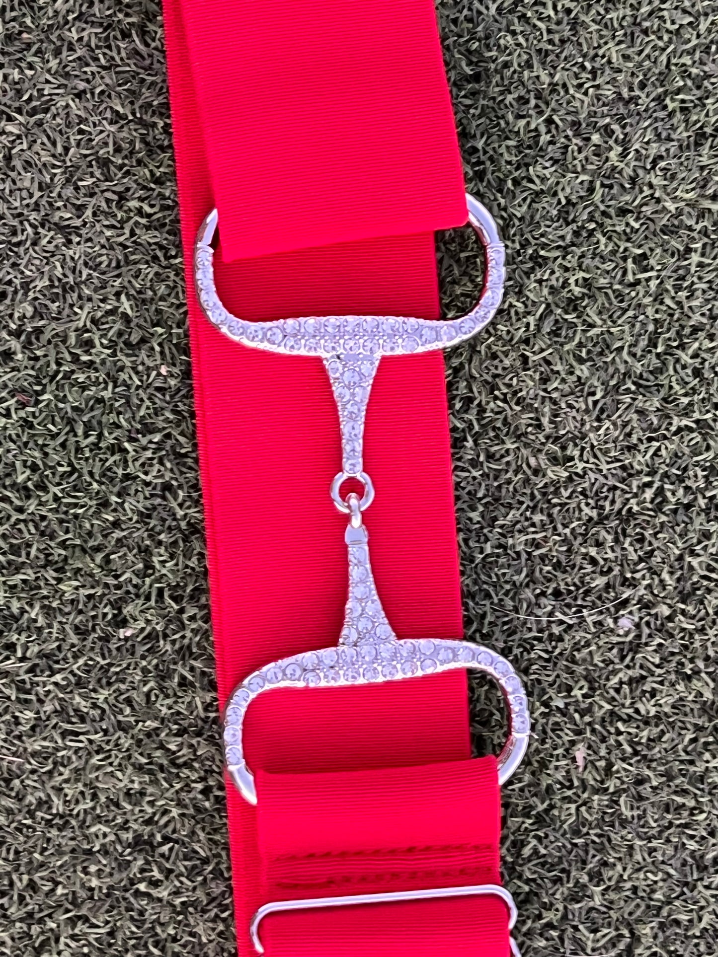 2” Red Adjustable Snaffle Bit Riding Belt with silver metal bit and clear rhinestone crystals