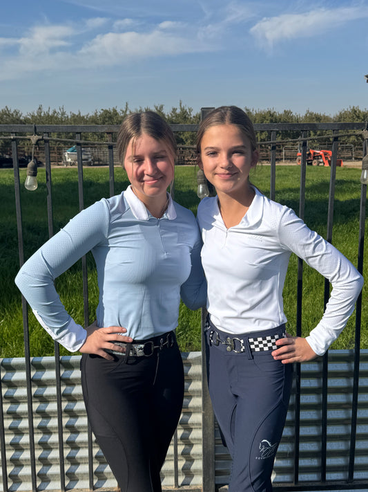 Equestrian Fancy cuff two tone long sleeve light Blue and white show shirt