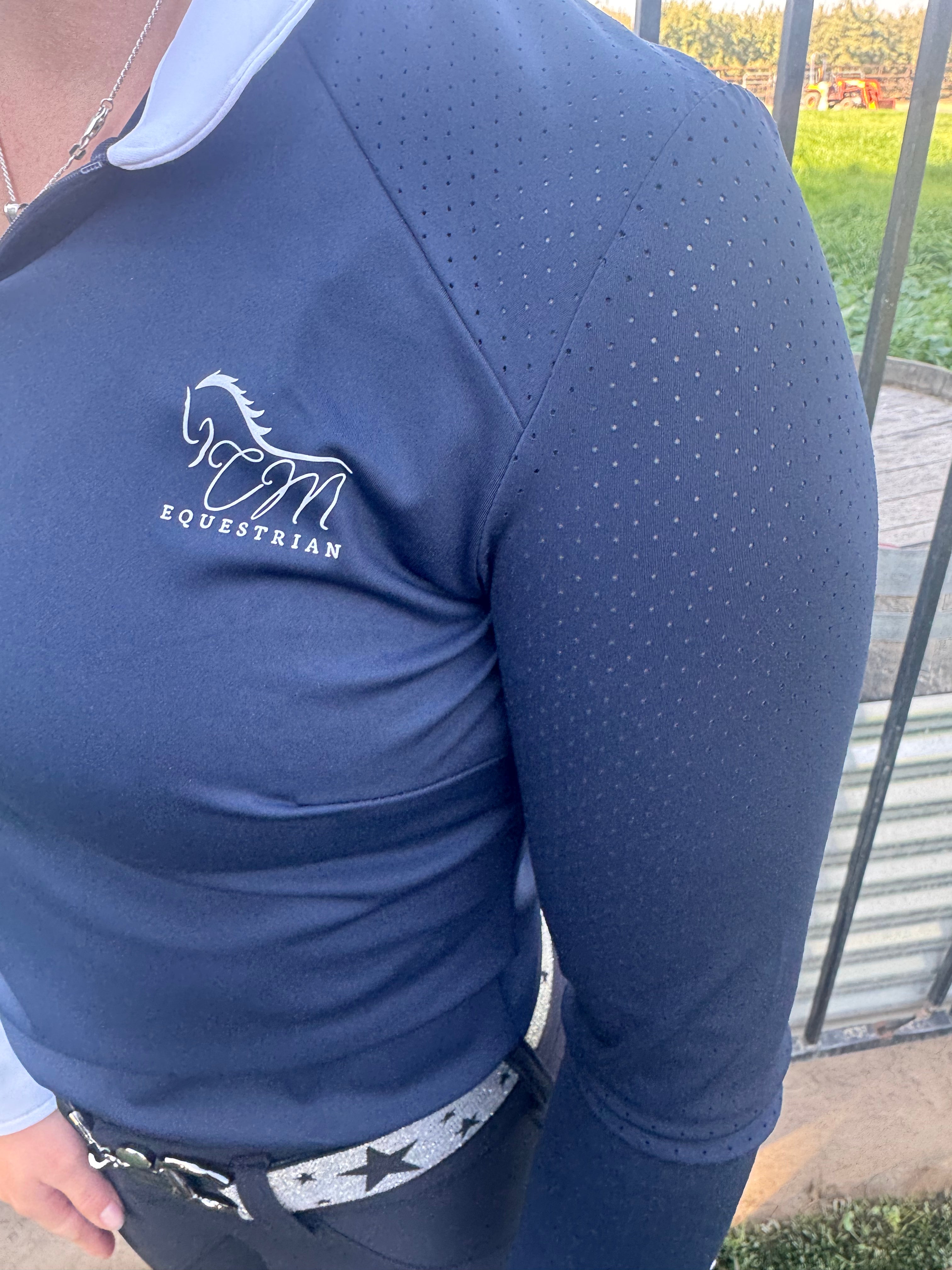 Baby Blue Equestrian Fancy cuff two tone long sleeve light Blue and white show shirt