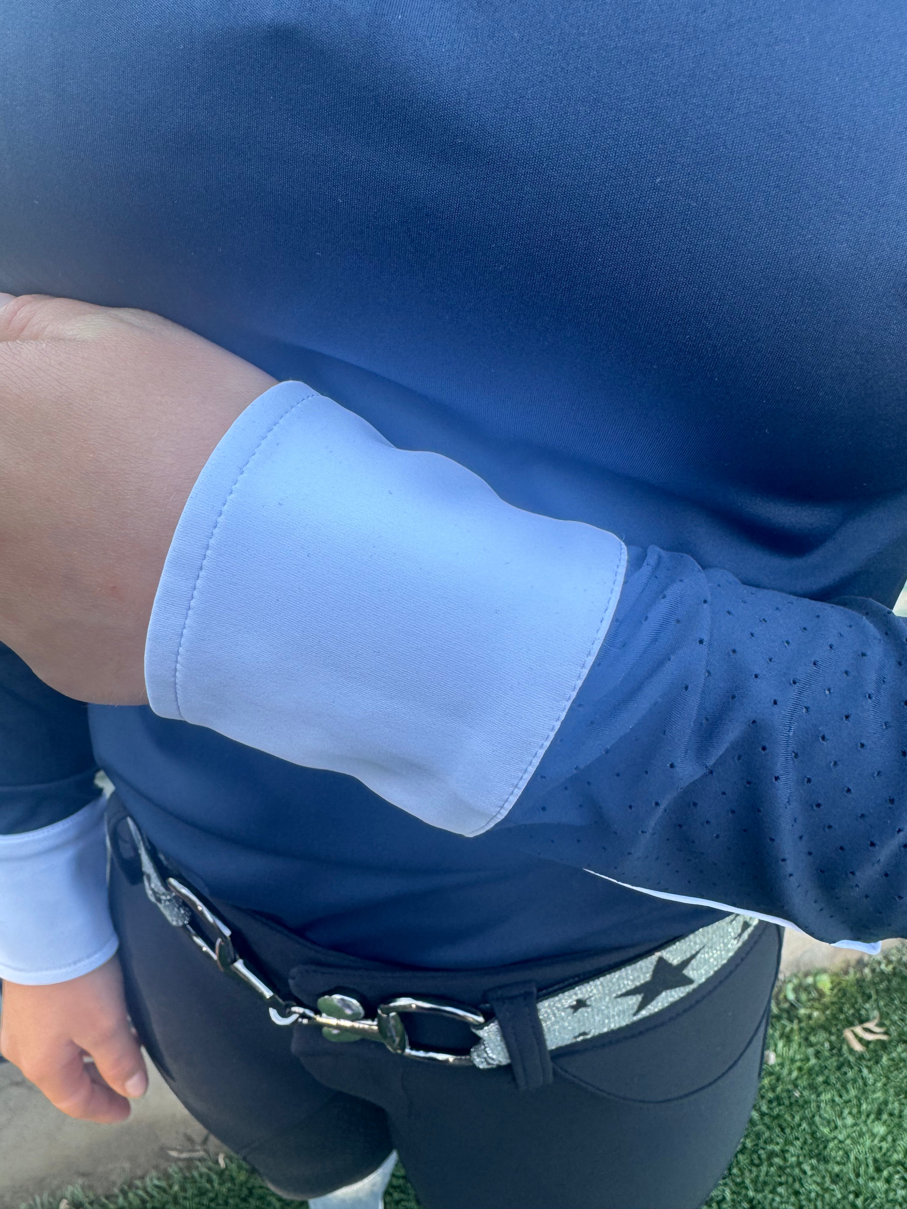 Baby Blue Equestrian Fancy cuff two tone long sleeve light Blue and white show shirt