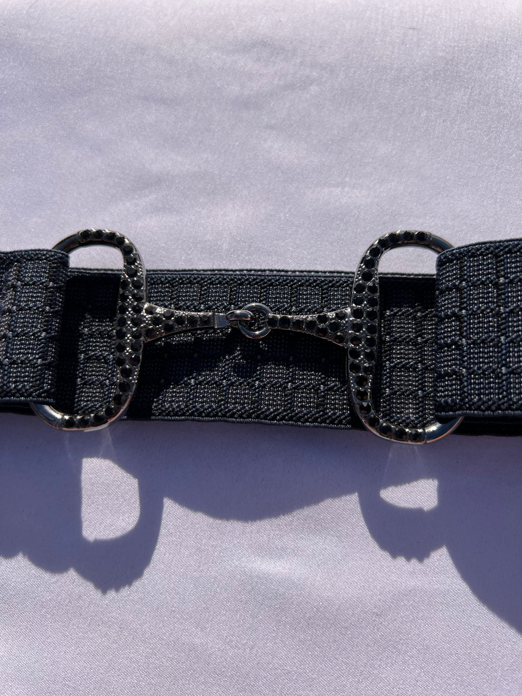 Black square pattern 1.5” Adjustable Snaffle Bit Riding Belt with gun metal bit and black rhinestone crystals