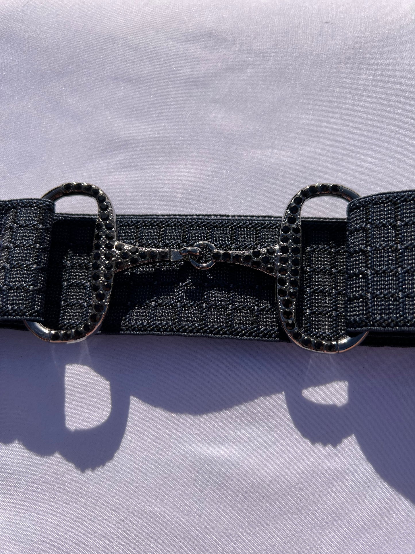 Black square pattern 1.5” Adjustable Snaffle Bit Riding Belt with gun metal bit and black rhinestone crystals