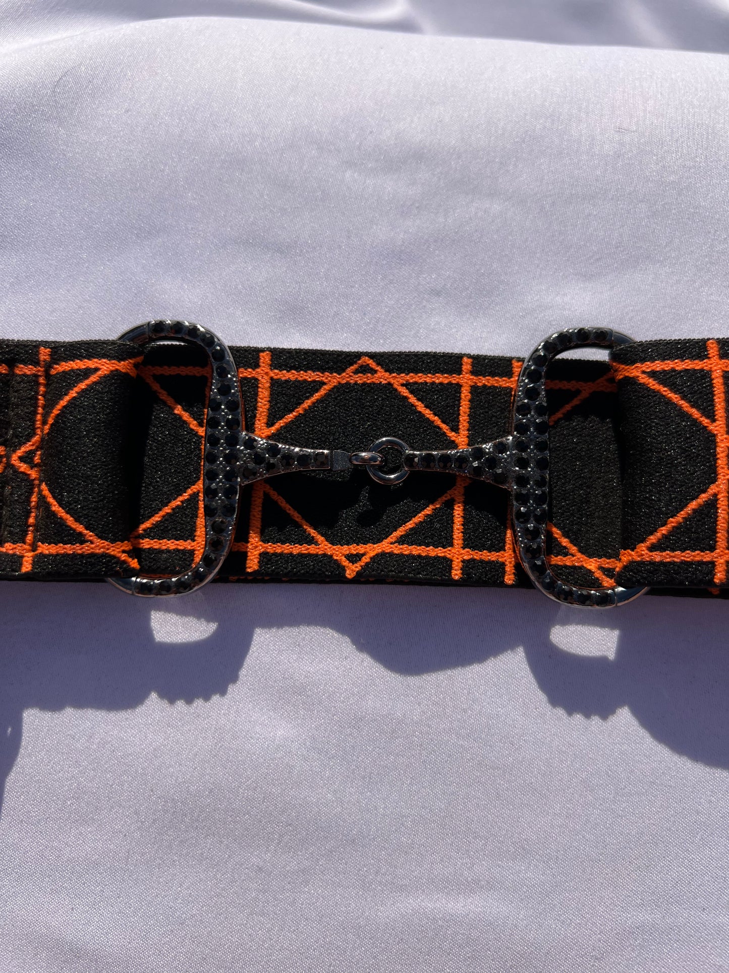 Snaffle Bit Riding Belt 1.5” Orange Adjustable with gun metal bit and black rhinestone crystals